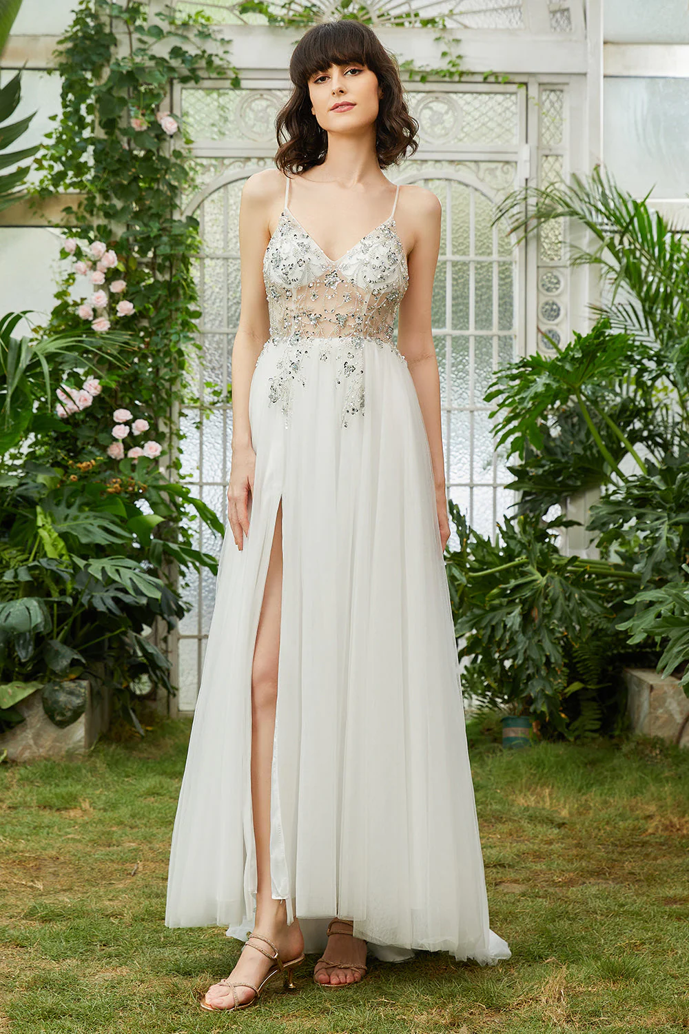 Robe de Soirée longue blanche à bretelles spaghetti en tulle avec perles - Image 4