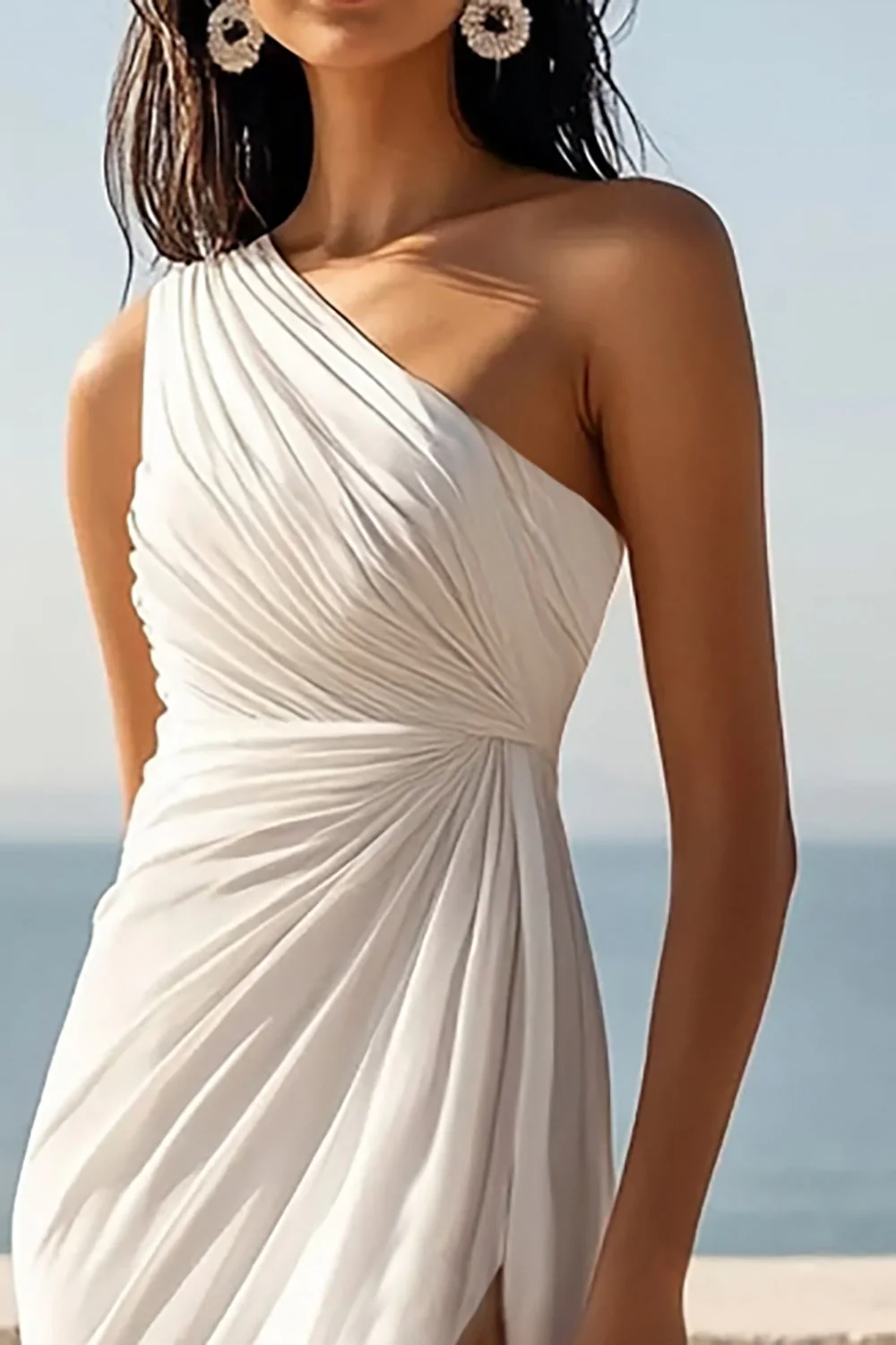 Une épaule froncé ivoire Maxi gaine robe de plage de fiançailles avec fente - Image 2
