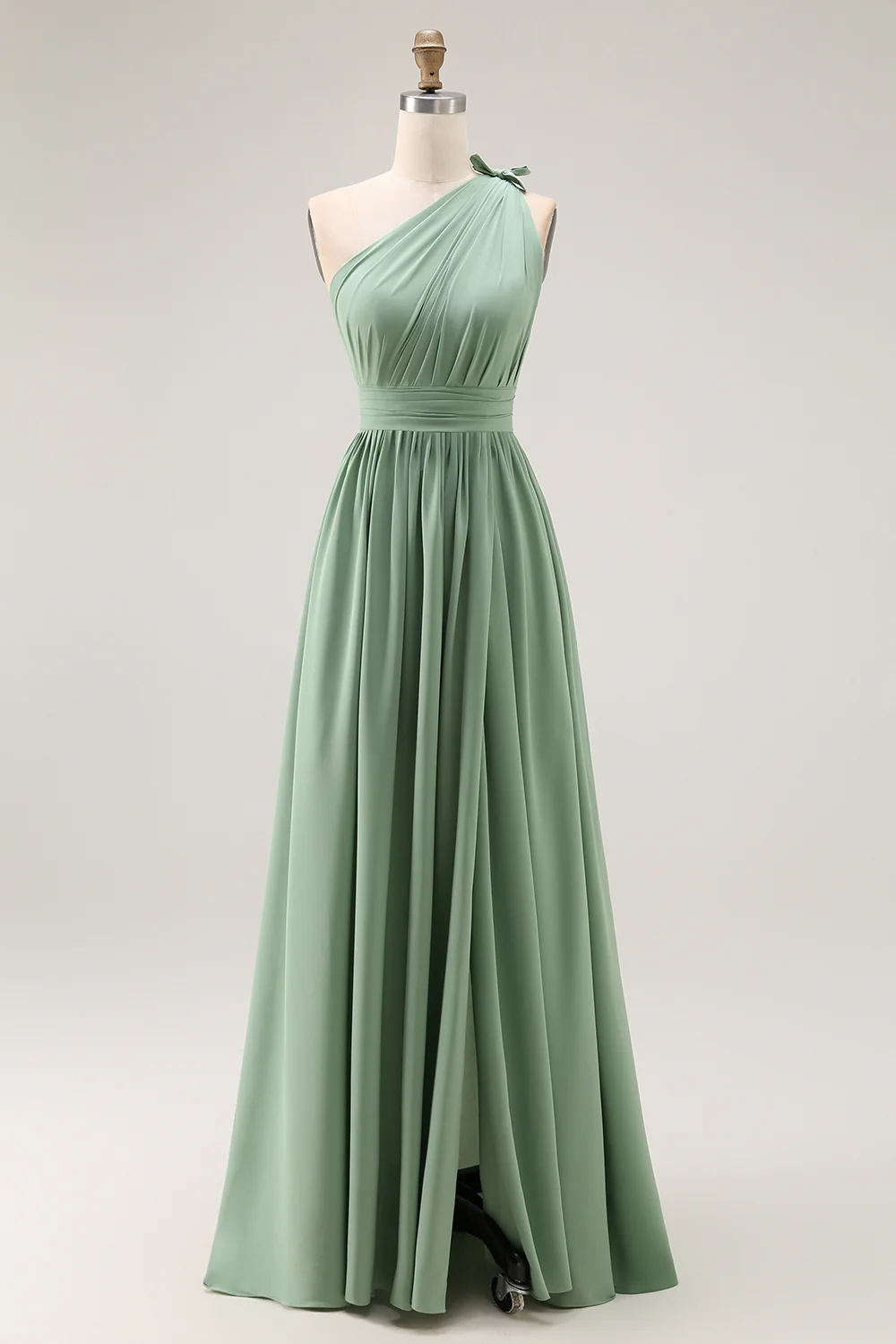Robe de demoiselle d'honneur vert émeraude une ligne à épaule unique ruchée avec fente - Image 3