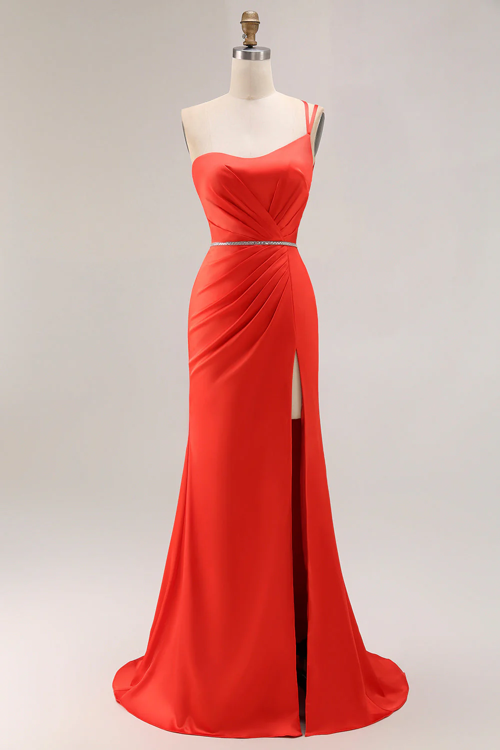 Robe de soirée sirène orange perlée à une épaule avec fente longue