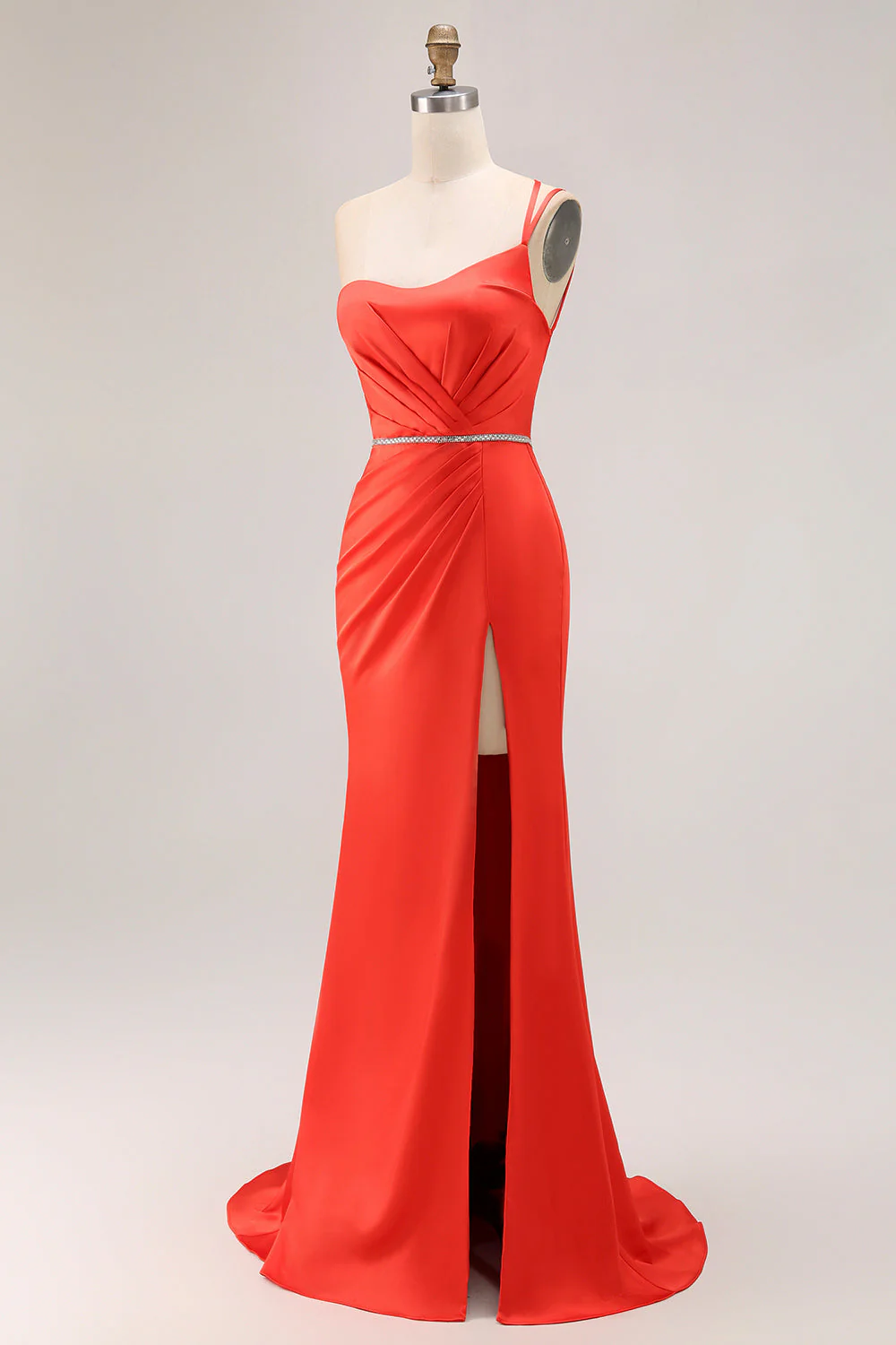 Robe de soirée sirène orange perlée à une épaule avec fente longue - Image 3