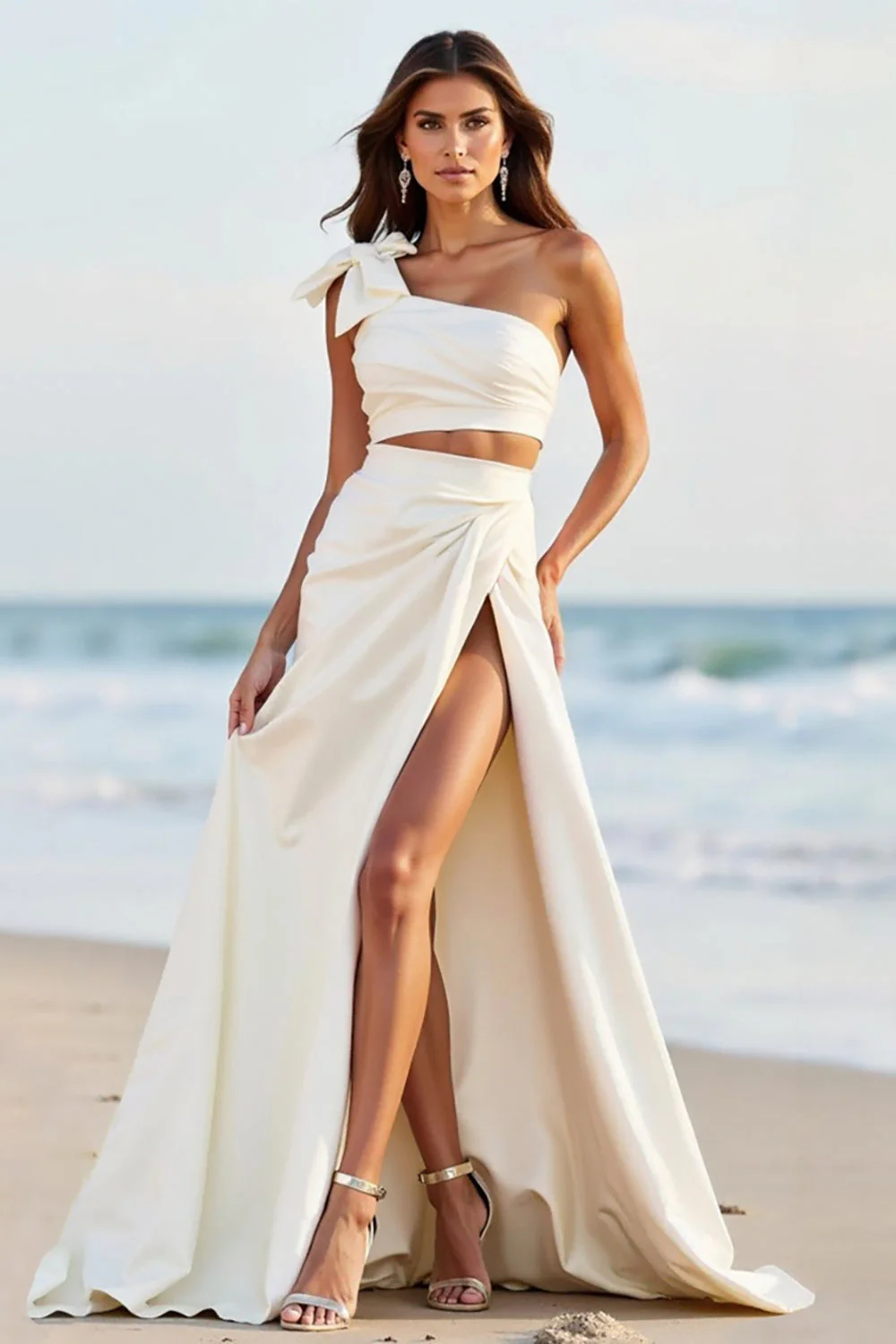Une épaule une ligne robe de mariée longue blanche avec fente - Image 2
