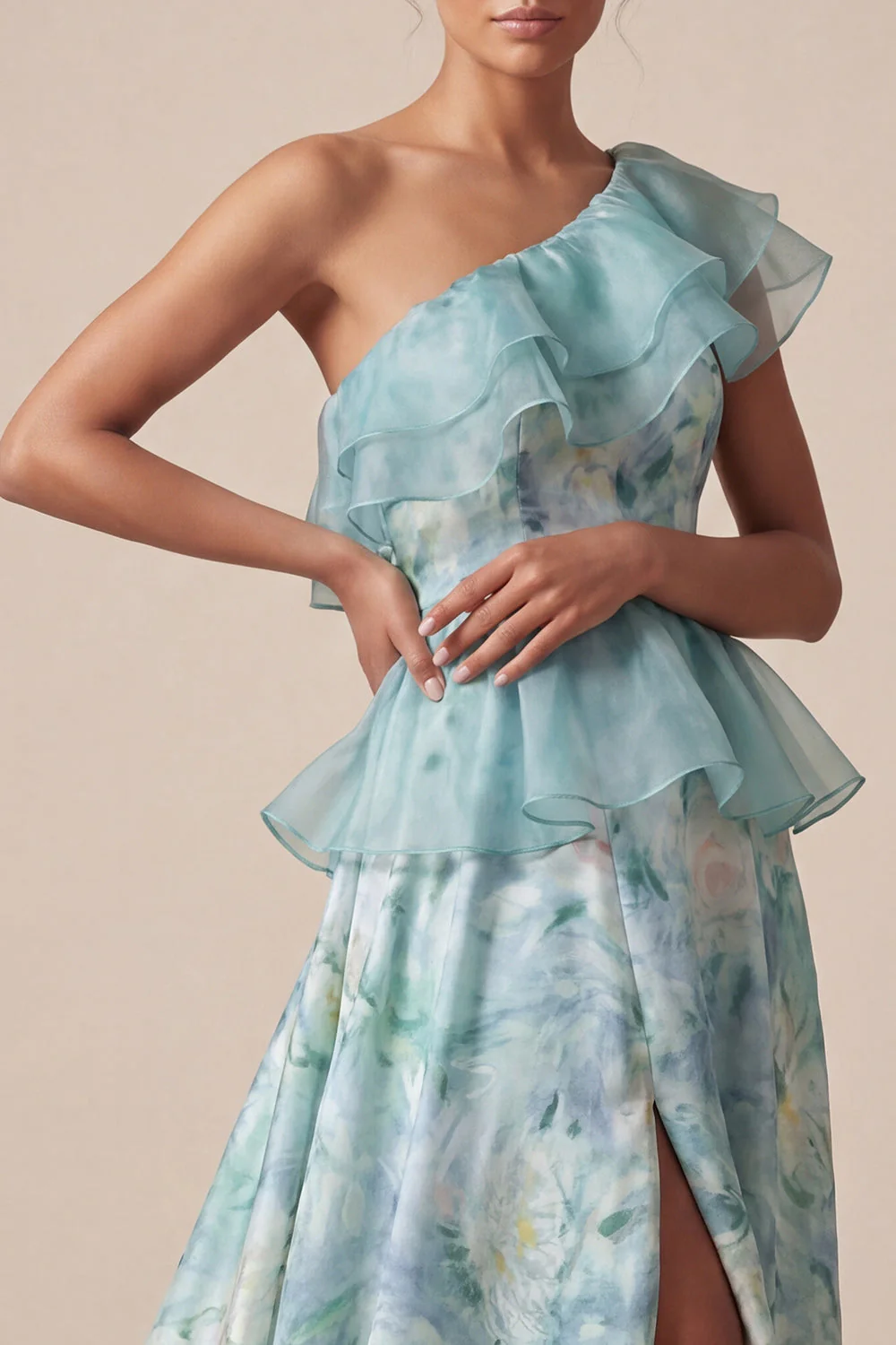 Une épaule vert clair Une robe à volants Mère de la Mariée - Image 4