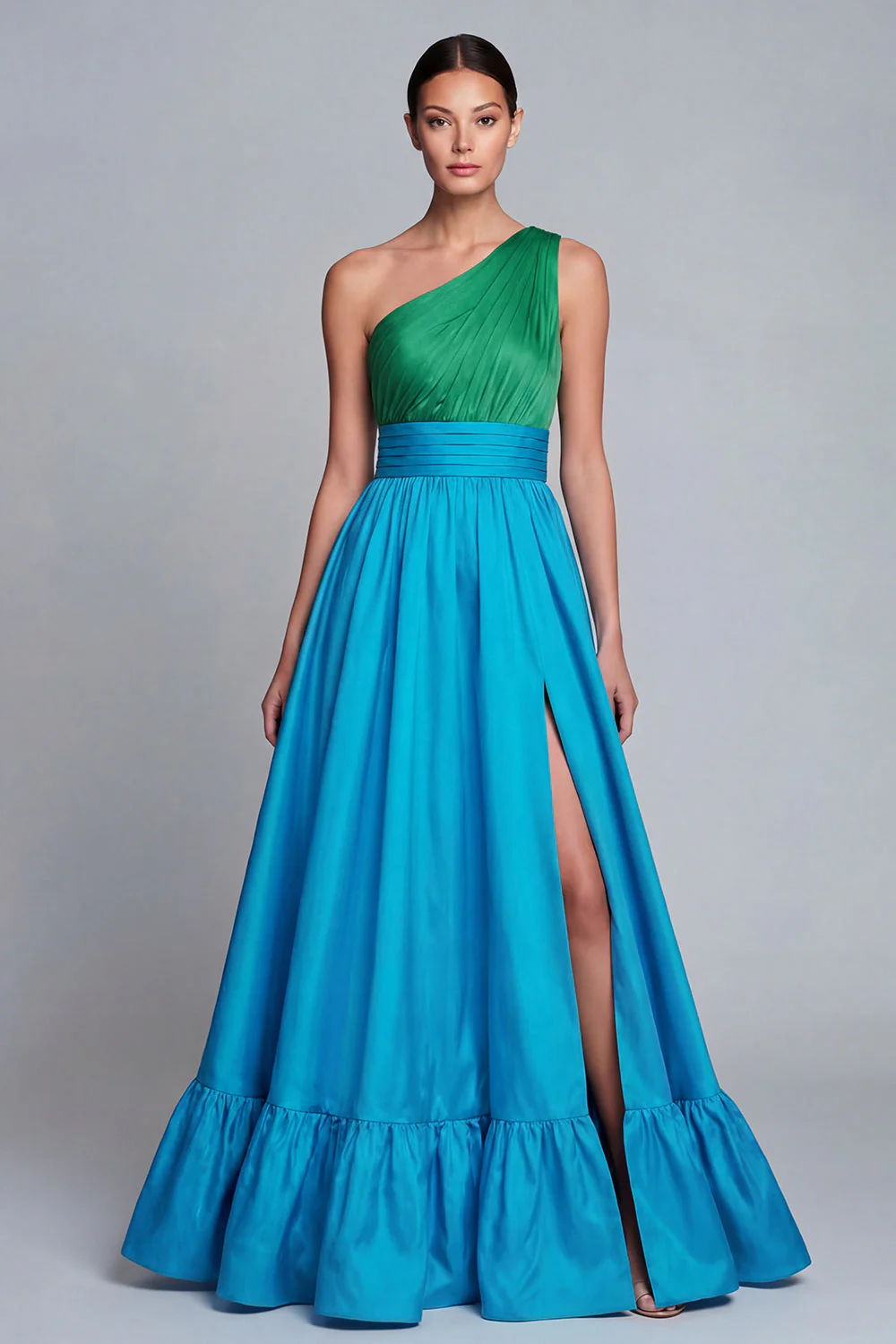 Une épaule verte et bleue, longue robe formelle avec fente