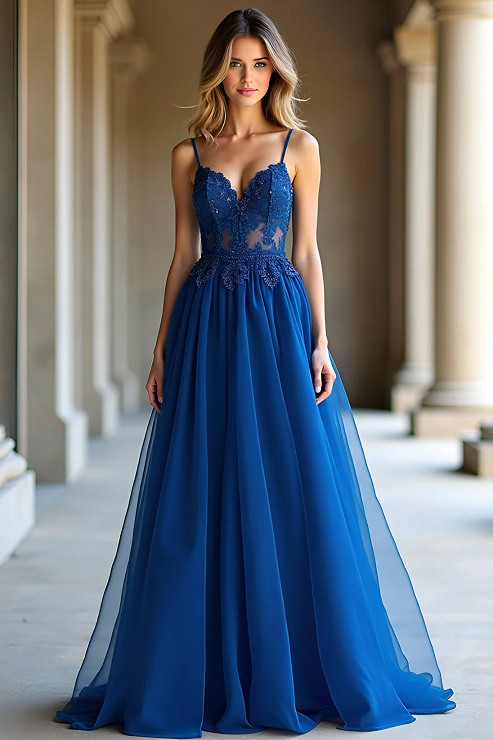 Une ligne bleu foncé spaghetti bretelles sweetheart robe longue de bal