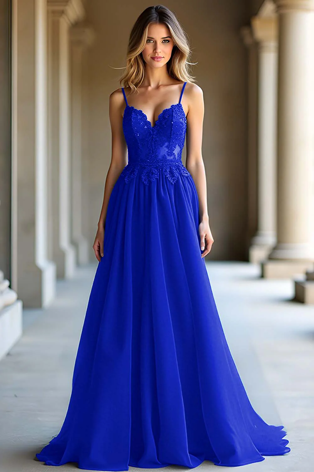 Une ligne bleu foncé spaghetti bretelles sweetheart robe longue de bal - Image 10