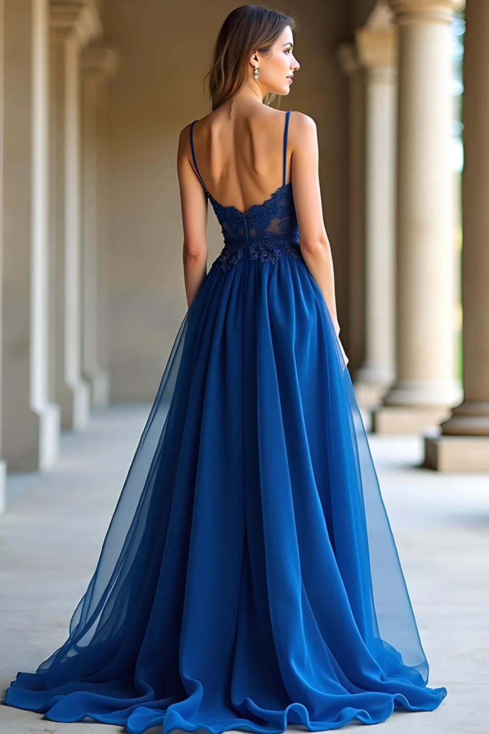 Une ligne bleu foncé spaghetti bretelles sweetheart robe longue de bal - Image 2