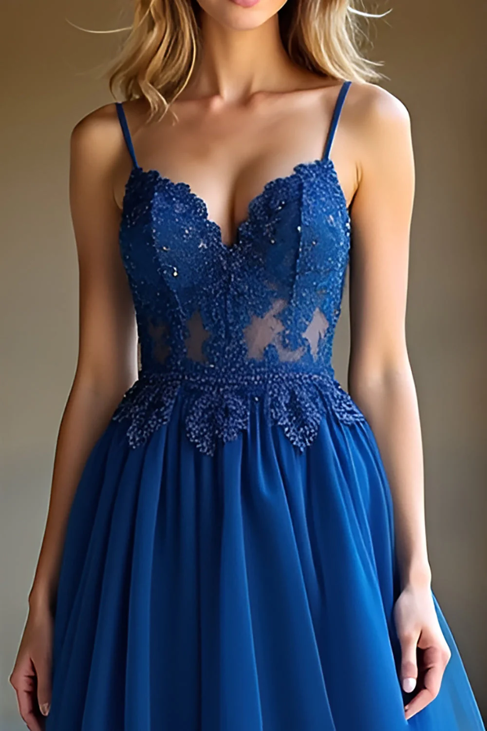 Une ligne bleu foncé spaghetti bretelles sweetheart robe longue de bal - Image 3