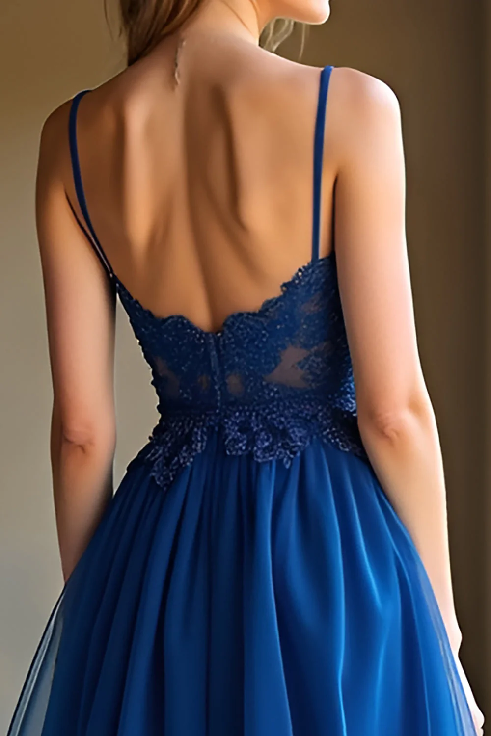Une ligne bleu foncé spaghetti bretelles sweetheart robe longue de bal - Image 4