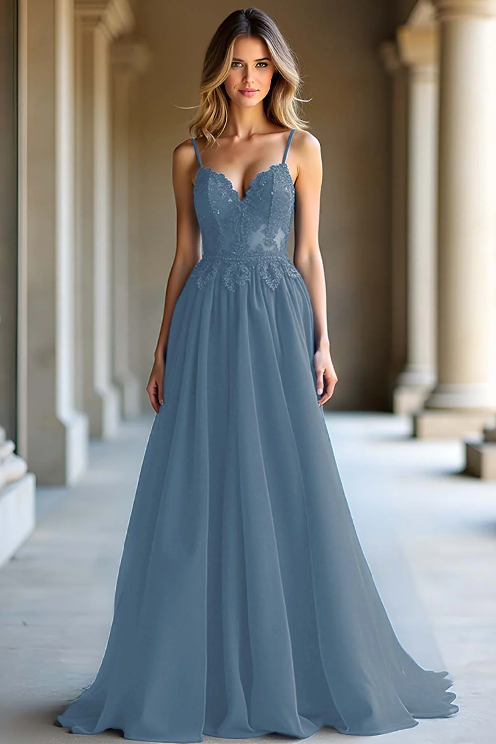 Une ligne bleu foncé spaghetti bretelles sweetheart robe longue de bal - Image 8