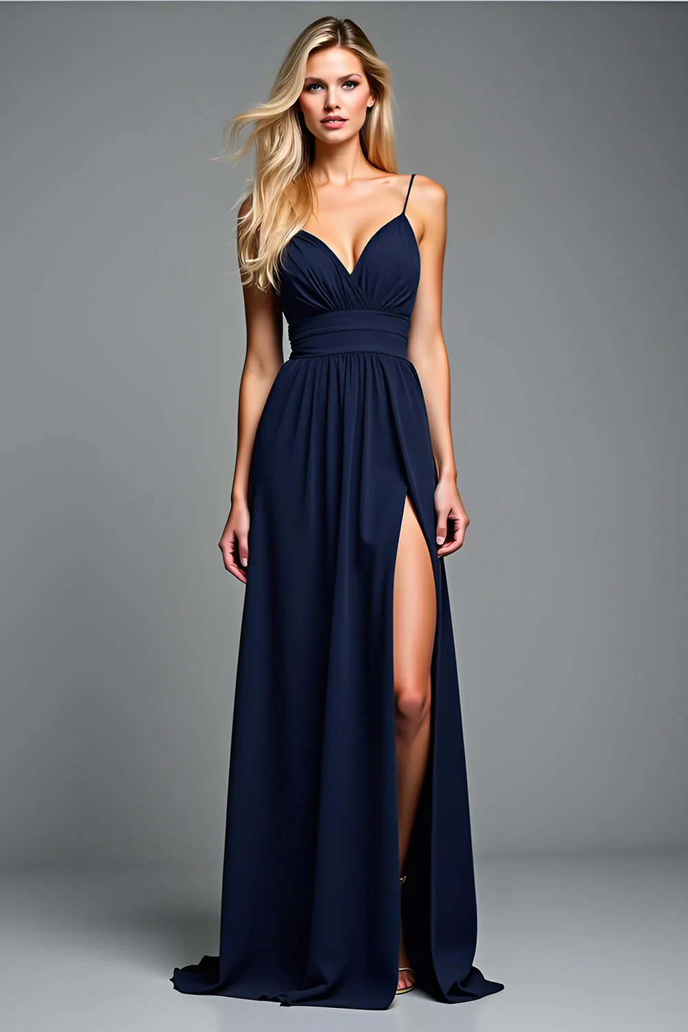 Robe longue d'invité de mariage bleu marine une ligne à bretelles spaghetti