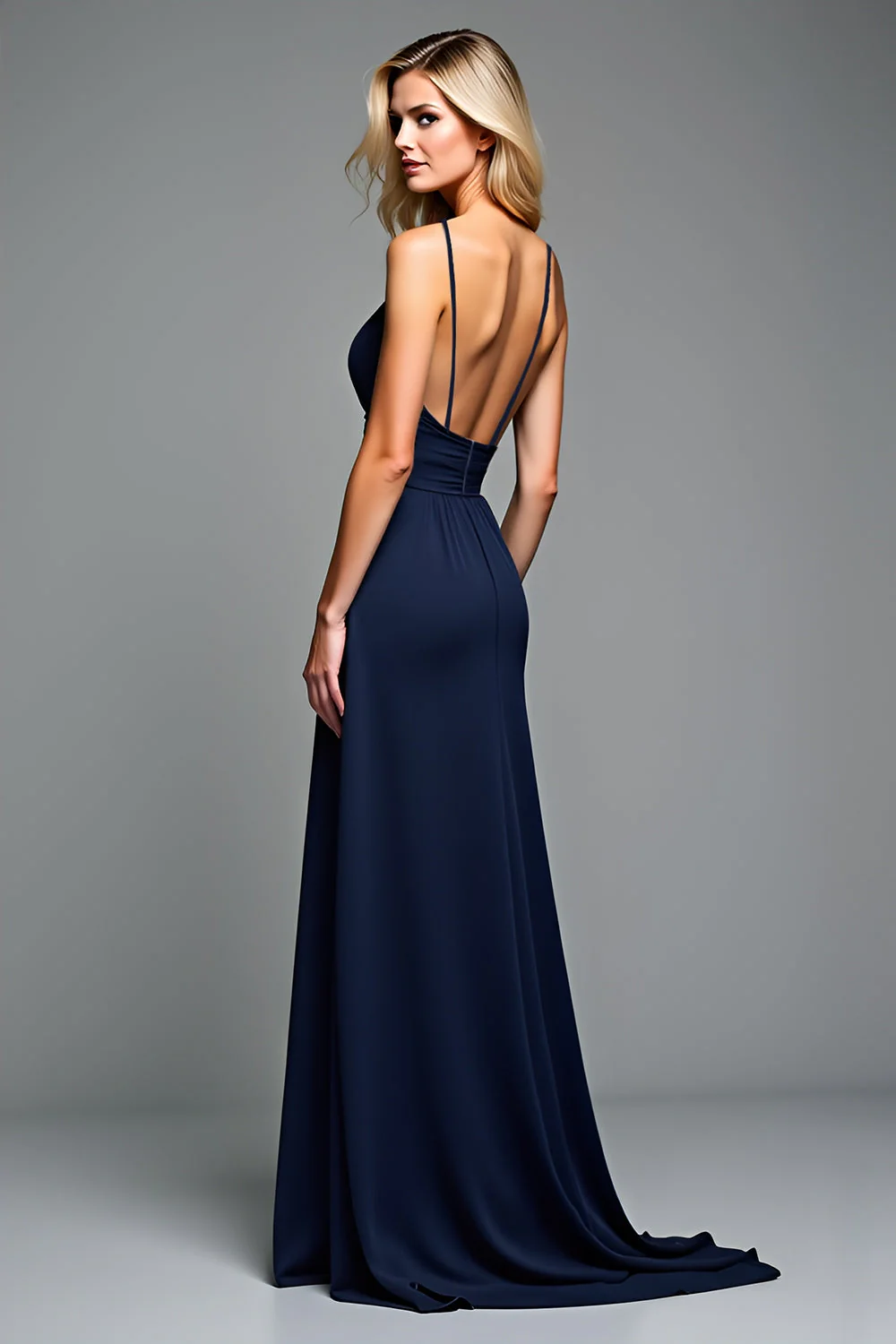 Robe longue d'invité de mariage bleu marine une ligne à bretelles spaghetti - Image 2