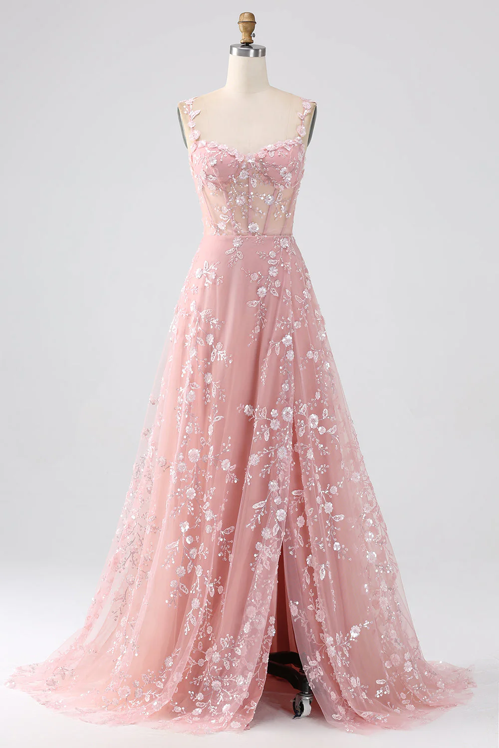 Une ligne blush spaghetti bretelles sequin corset Robe De Soirée avec fente - Image 3