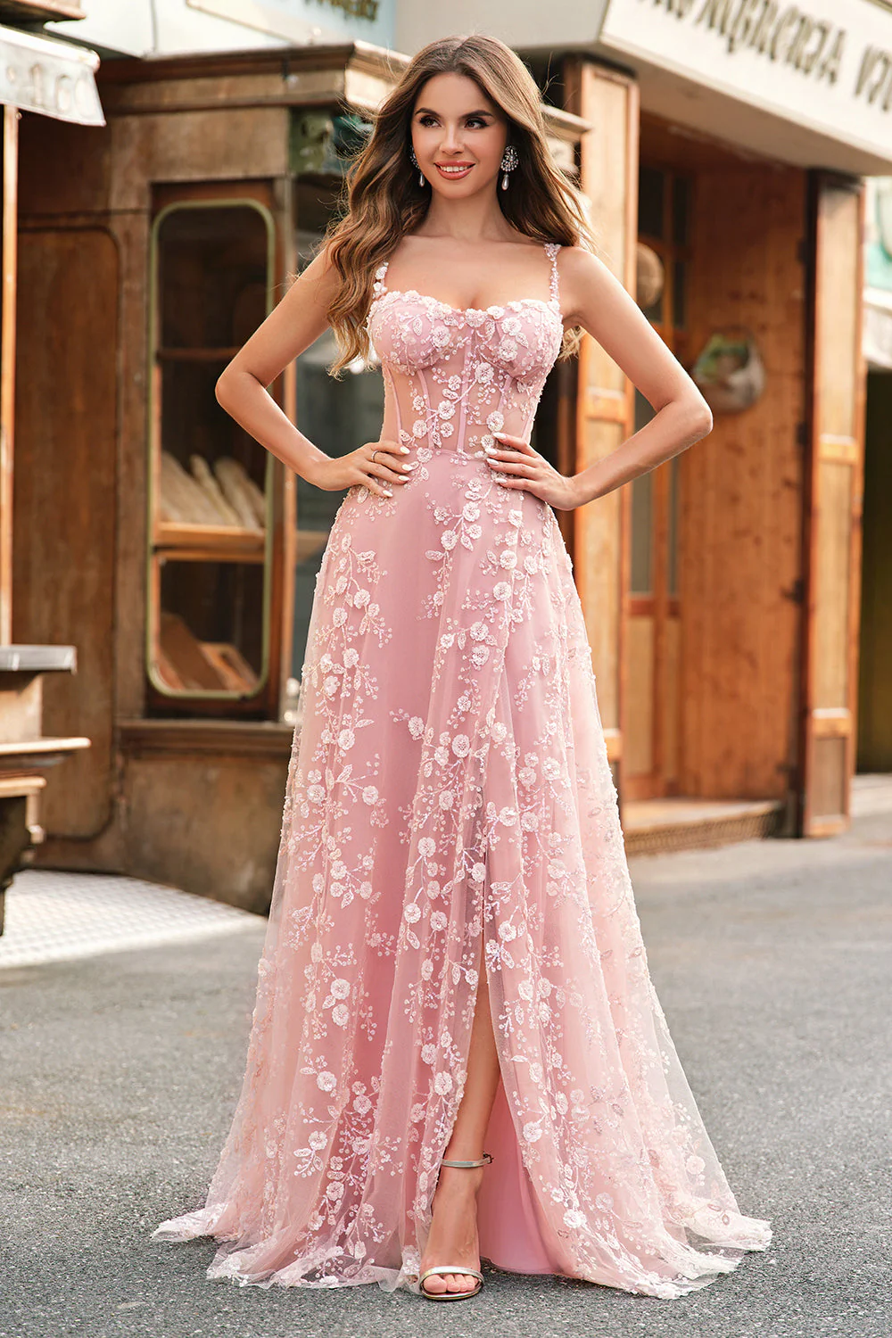 Une ligne blush spaghetti bretelles sequin corset Robe De Soirée avec fente - Image 6