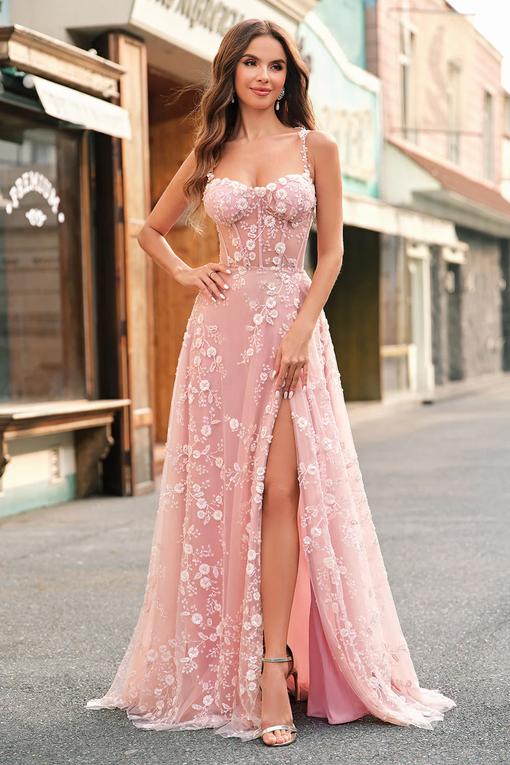 Une ligne blush spaghetti bretelles sequin corset Robe De Soirée avec fente - Image 8