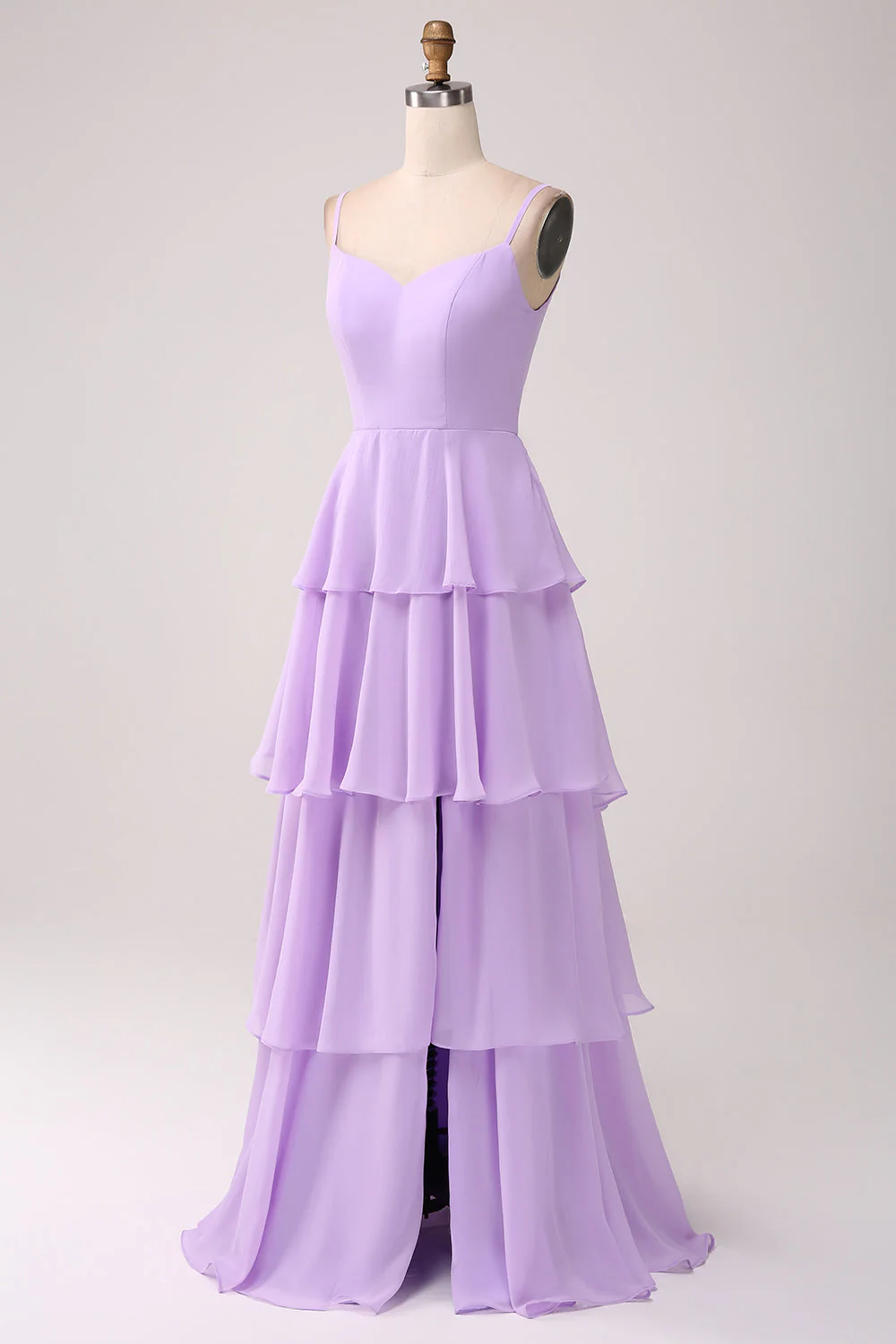 Une ligne bretelles spaghetti à plusieurs niveaux en mousseline de soie lilas robe de demoiselle d’honneur avec fente - Image 3