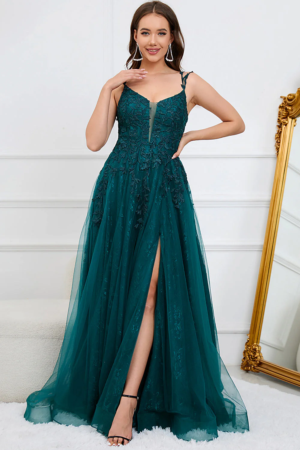 Une ligne de bretelles spaghetti Vert foncé Robe de Soirée longue avec appliques - Image 3