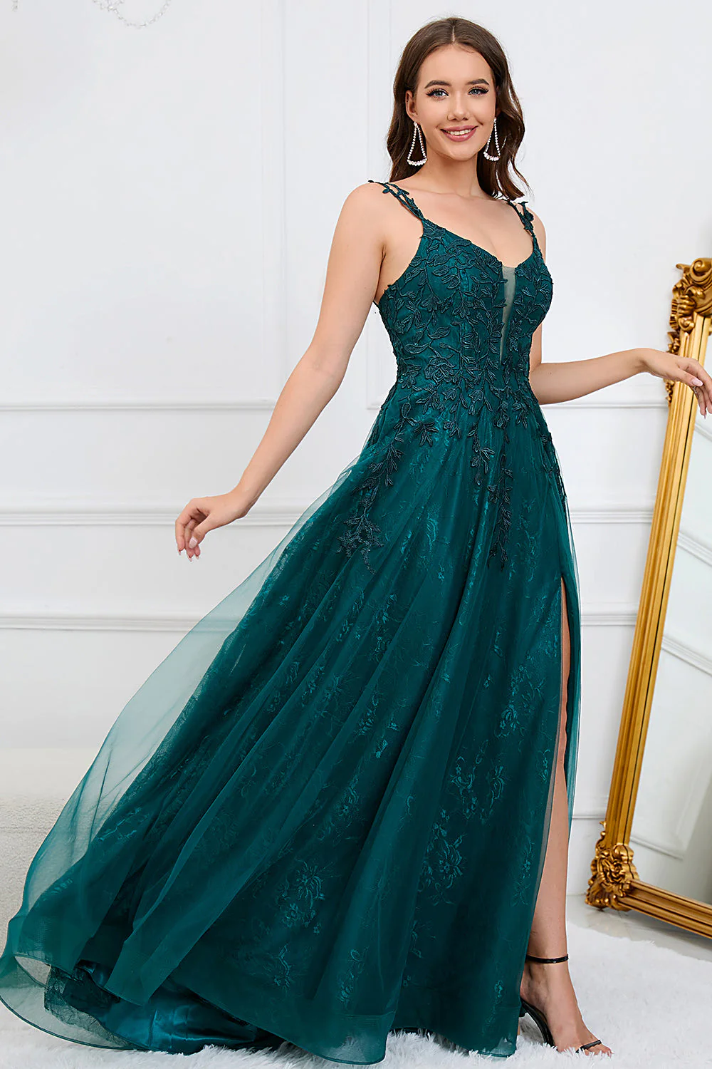 Une ligne de bretelles spaghetti Vert foncé Robe de Soirée longue avec appliques - Image 4