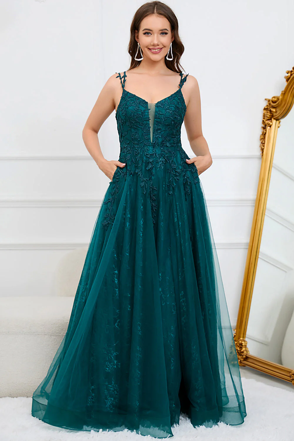 Une ligne de bretelles spaghetti Vert foncé Robe de Soirée longue avec appliques - Image 5