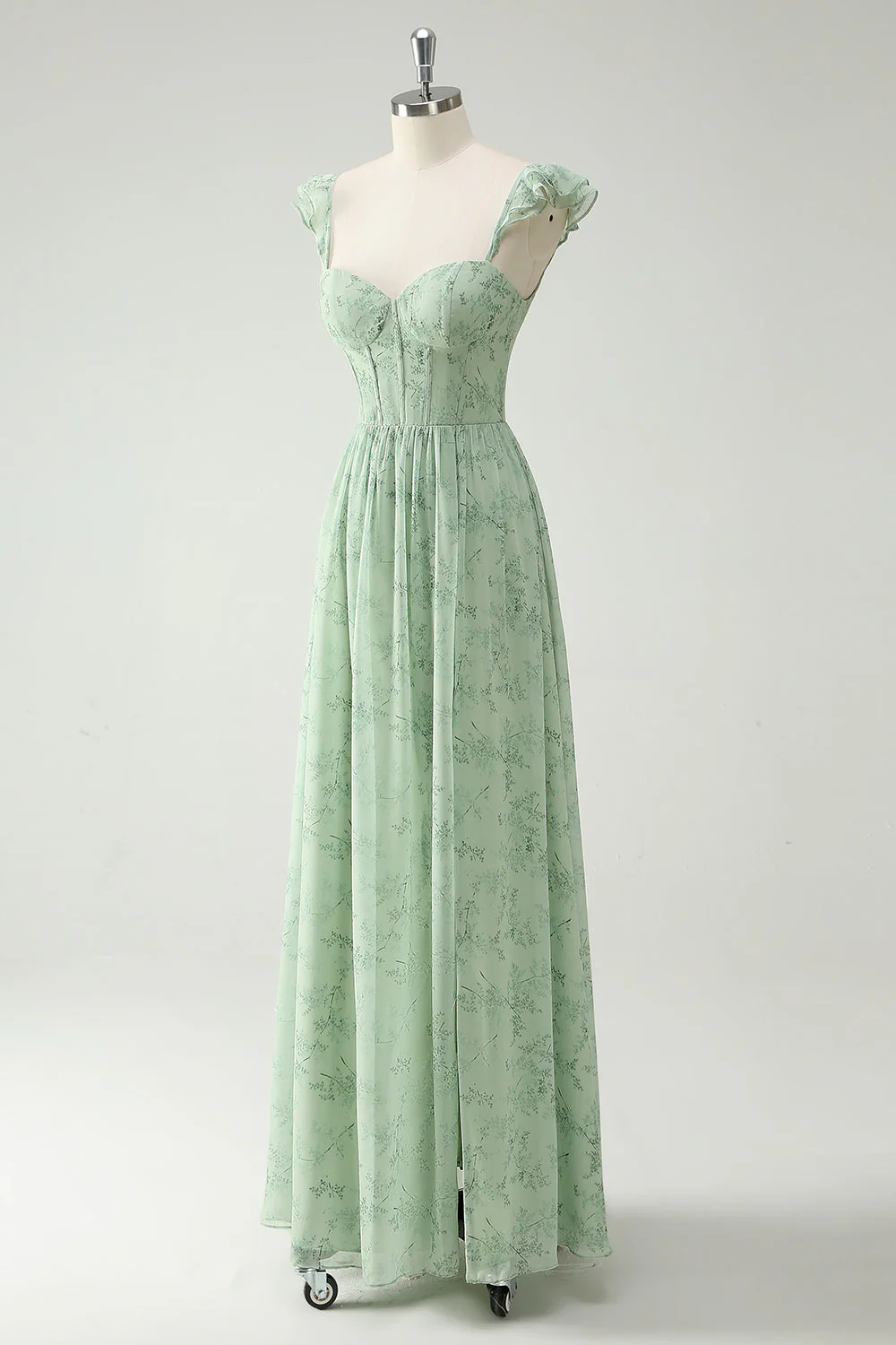 Robe de demoiselle d'honneur longue bustier ligne A à fleurs vertes et volants avec fente devant - Image 3