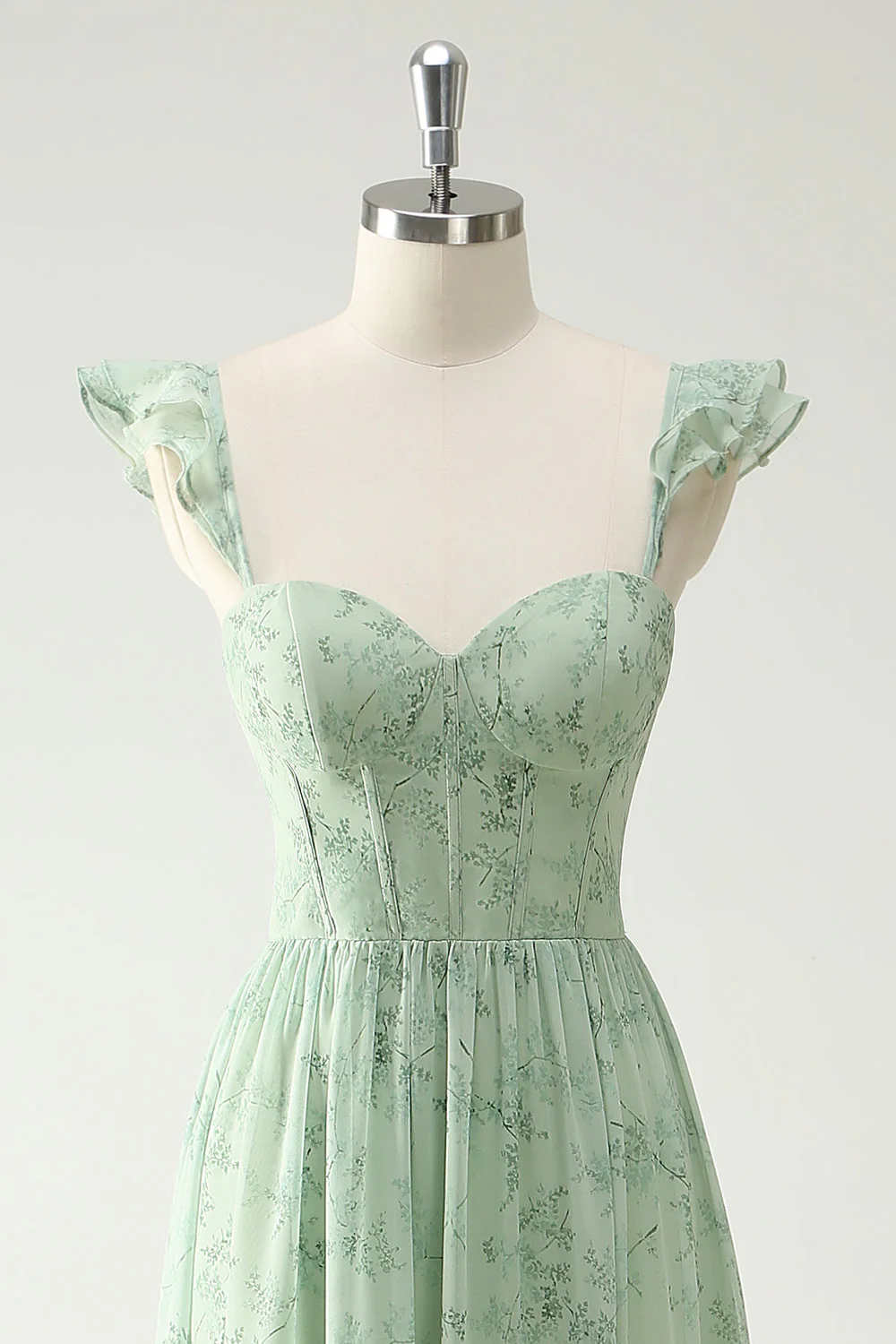 Robe de demoiselle d'honneur longue bustier ligne A à fleurs vertes et volants avec fente devant - Image 4