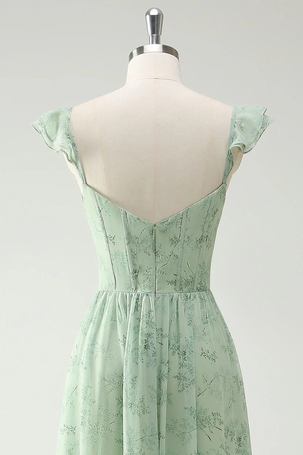 Robe de demoiselle d'honneur longue bustier ligne A à fleurs vertes et volants avec fente devant - Image 5