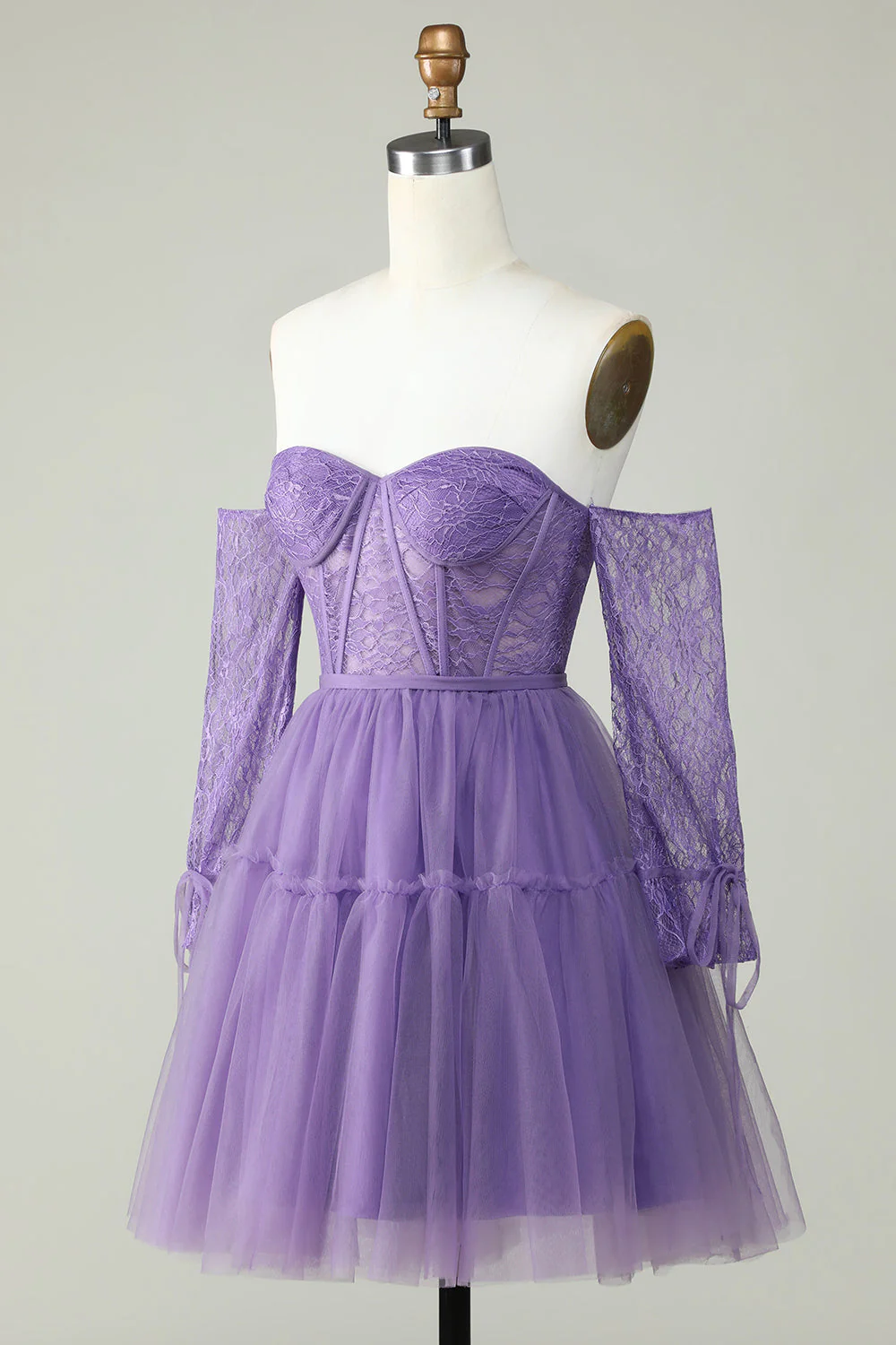 Une ligne de l’épaule Corset violet Robe Cocktail avec manches longues - Image 3