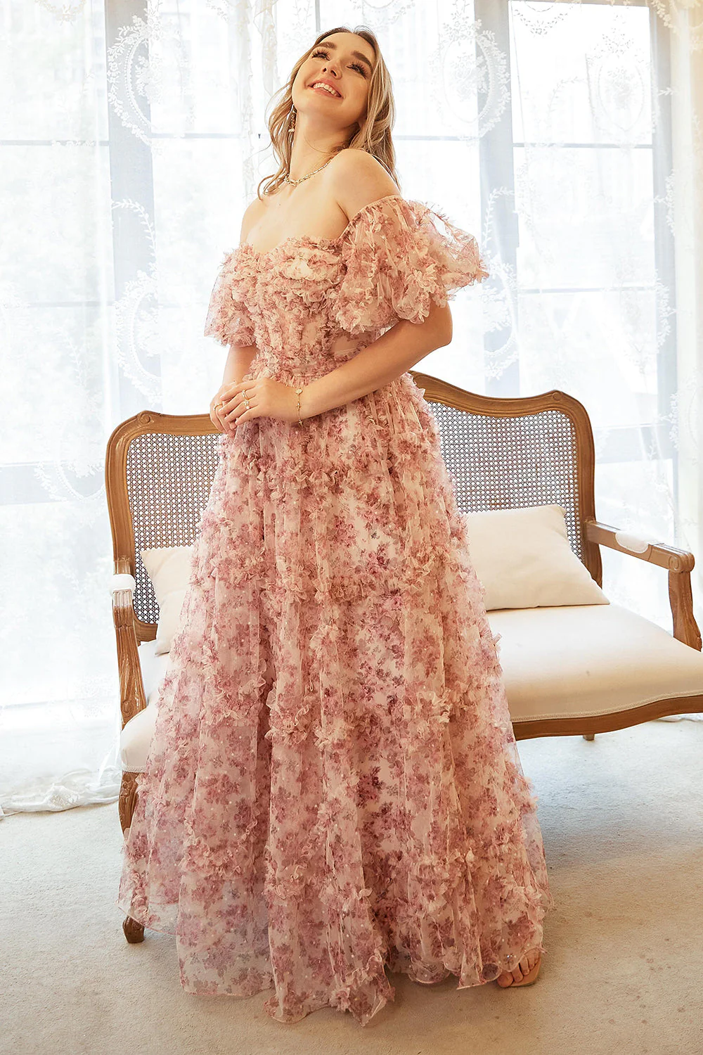 Robe de bal de fleur rouge ivoire sur l’épaule - Image 11