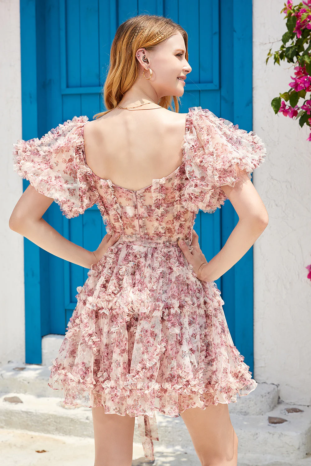 Une ligne de l’épaule Ivoire fleur rouge imprimée robe de cocktail mignonne - Image 2