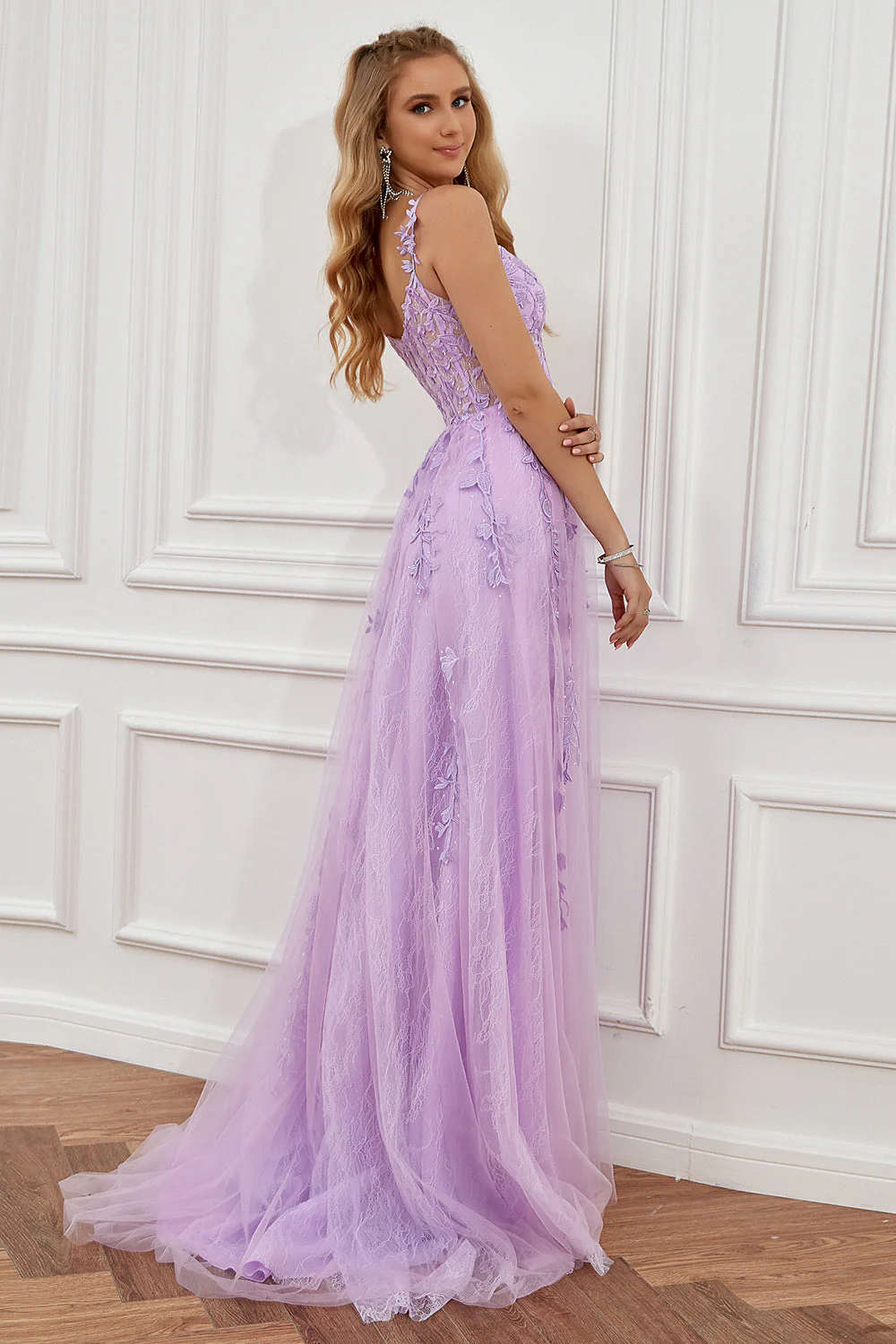 Robe de soirée marine une ligne à bretelles spaghetti avec appliques - Image 17