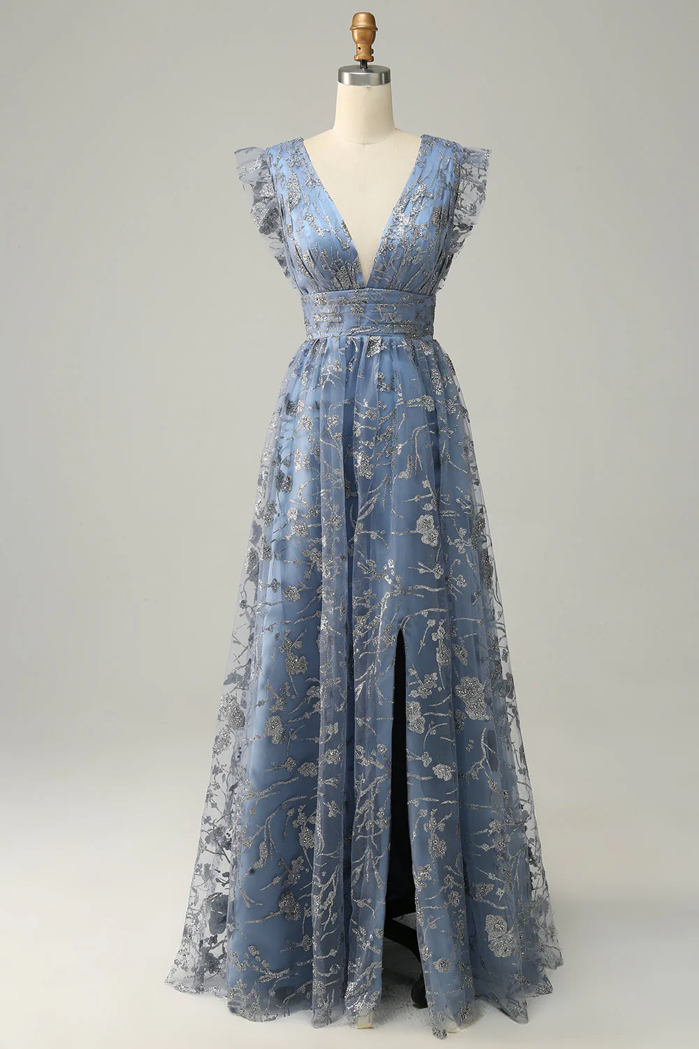 Robe de soirée grande taille bleu gris à col V plongeant avec broderies