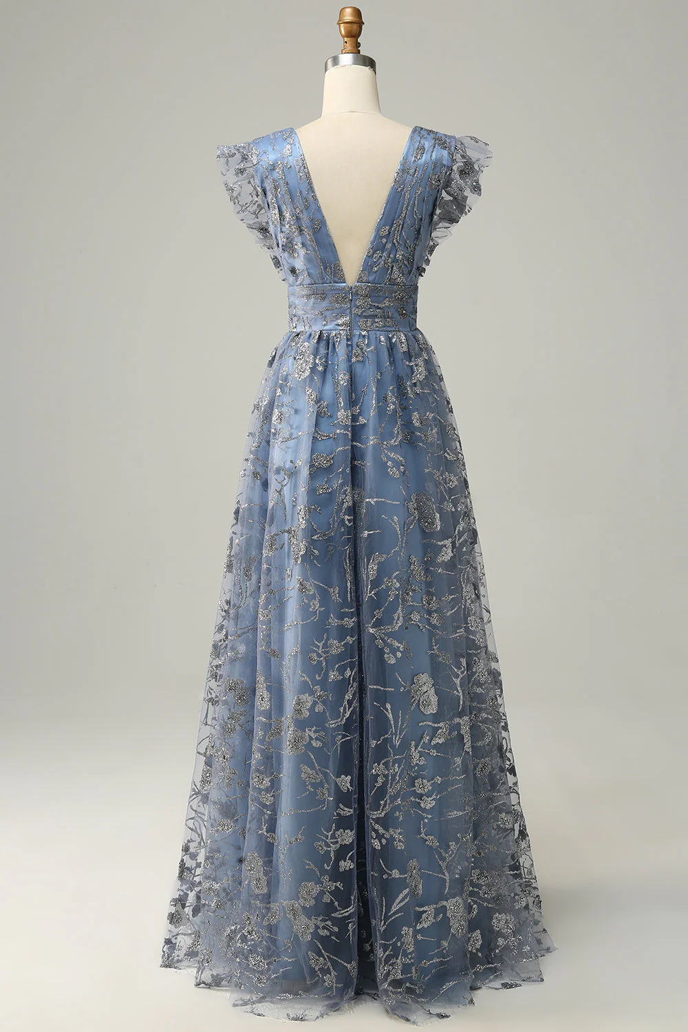 Robe de soirée grande taille bleu gris à col V plongeant avec broderies - Image 2
