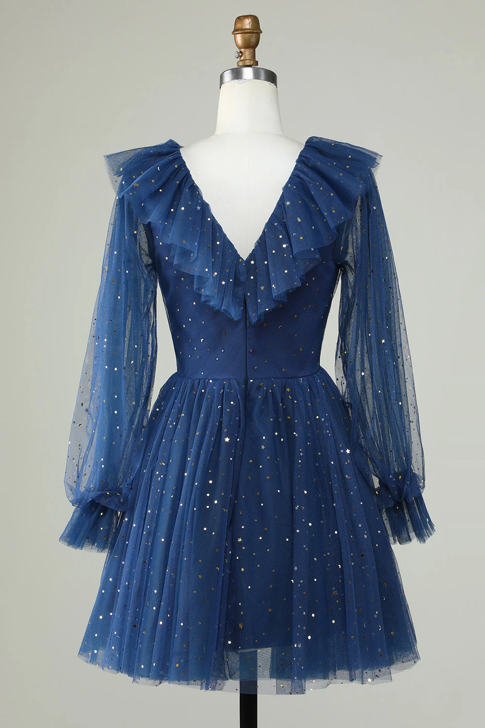Une ligne Robe de cocktail courte bleu marine à col en V profond avec volants - Image 2