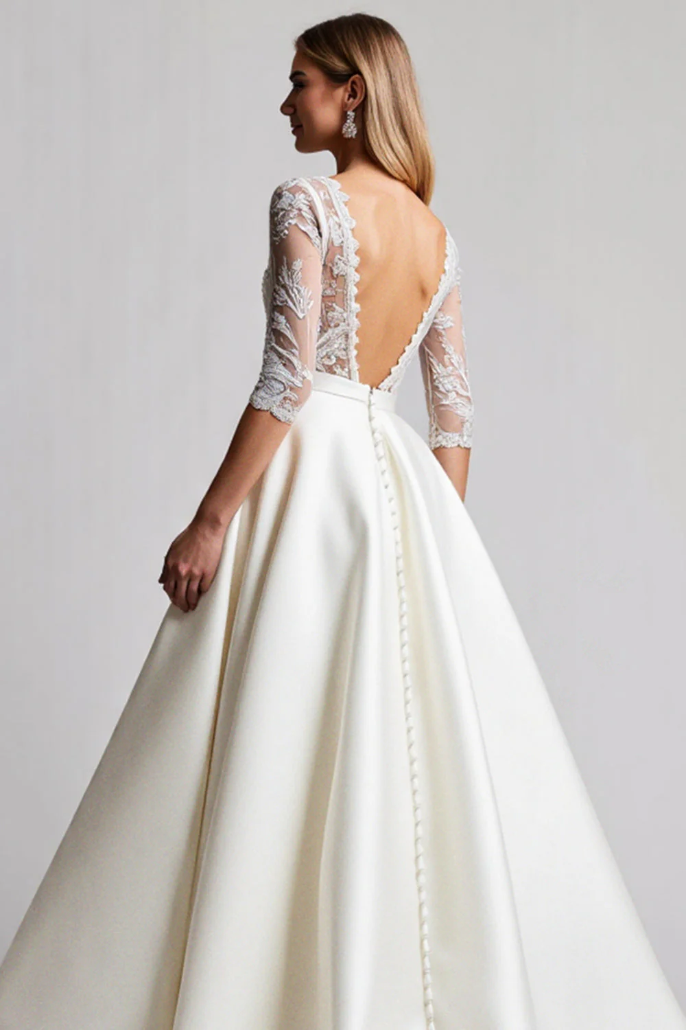 Une ligne demi-manches lvory dentelle robe de mariée longue - Image 2