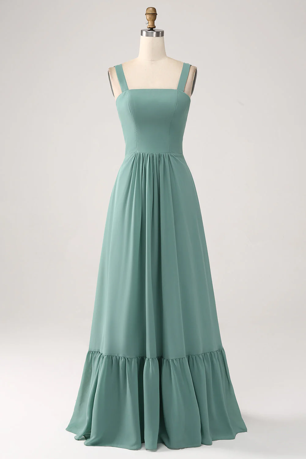 Une ligne en mousseline de soie vert longue robe de demoiselle d’honneur avec plissé - Image 3