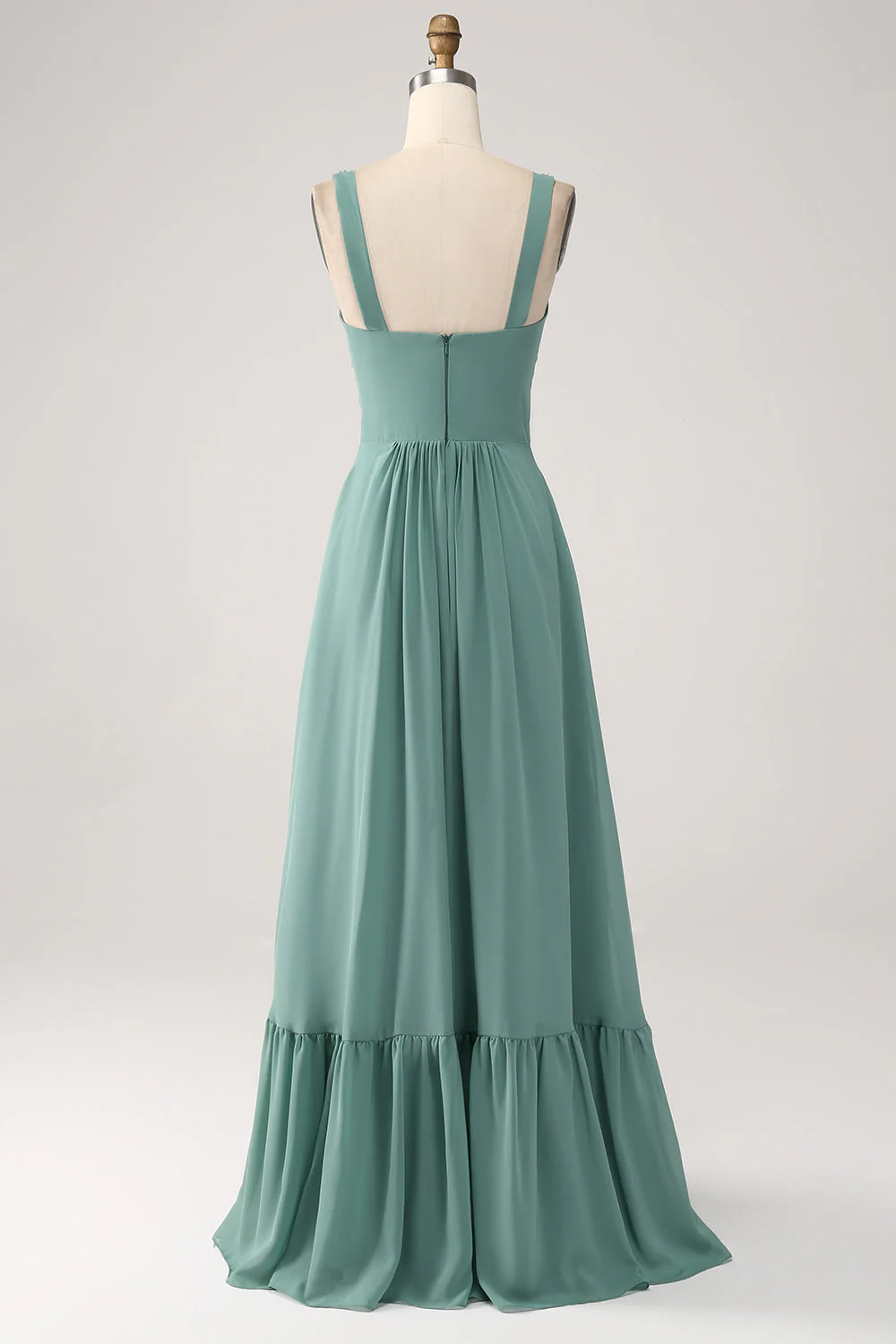 Une ligne en mousseline de soie vert longue robe de demoiselle d’honneur avec plissé - Image 4
