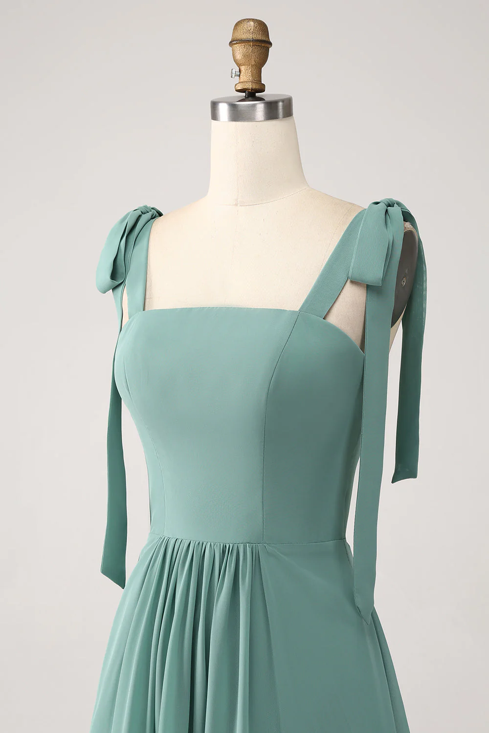Une ligne en mousseline de soie vert longue robe de demoiselle d’honneur avec plissé - Image 6