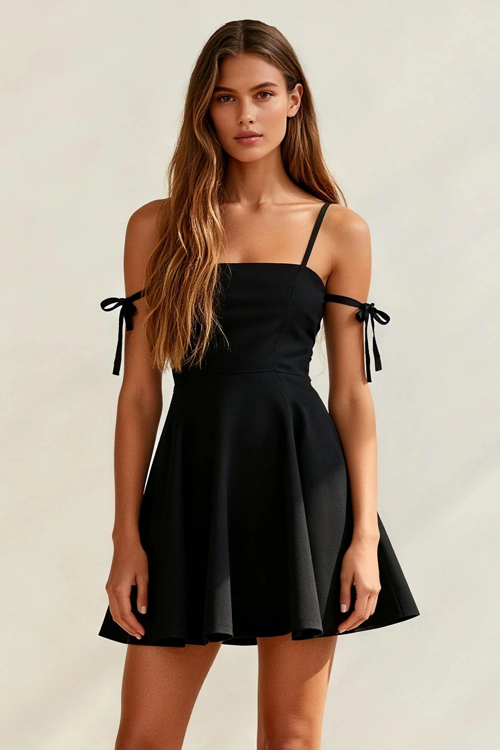 Une ligne épaule dénudée petite robe noire avec noeud