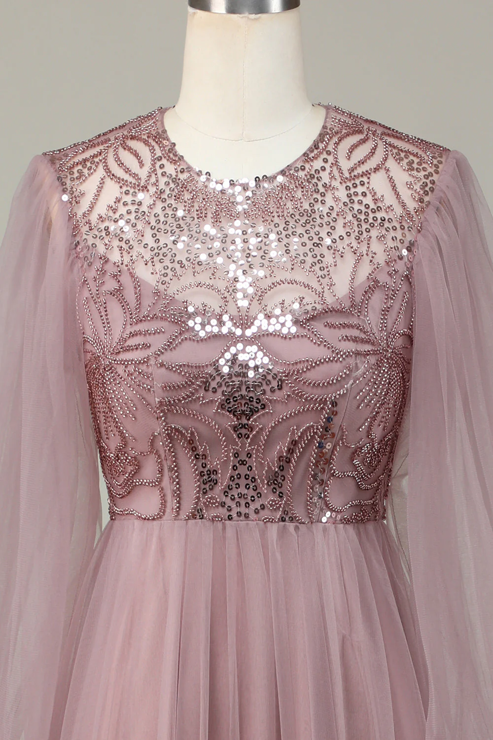 Une ligne gris bleu paillettes manches longues robe demoiselle d’honneur - Image 10