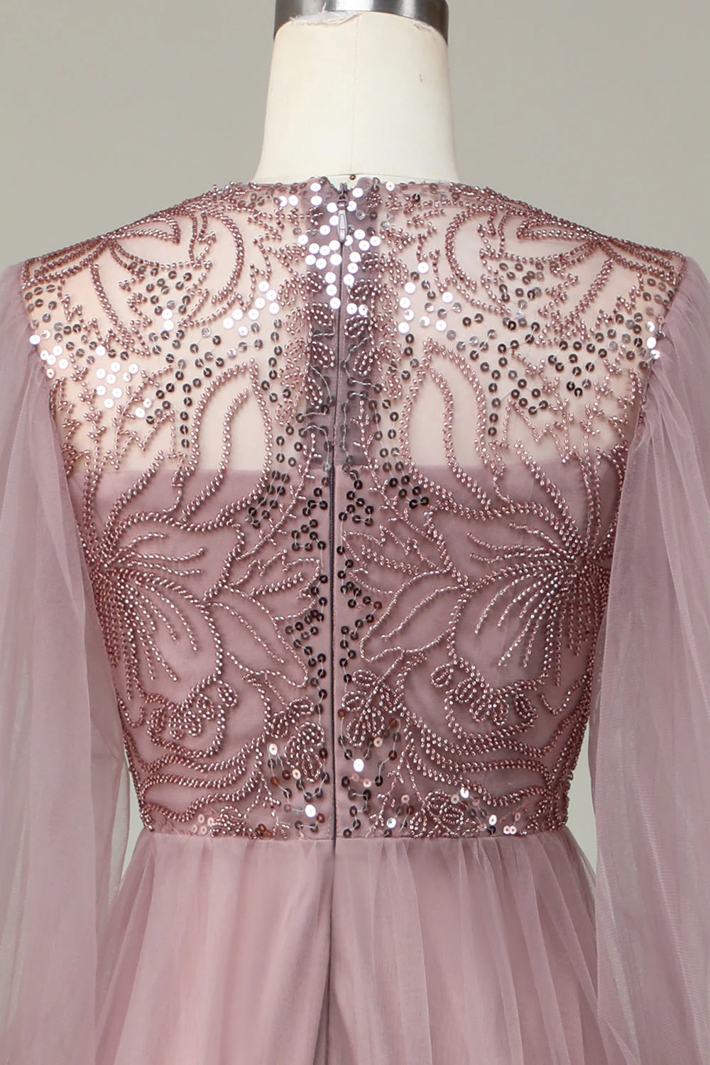 Une ligne gris bleu paillettes manches longues robe demoiselle d’honneur - Image 11