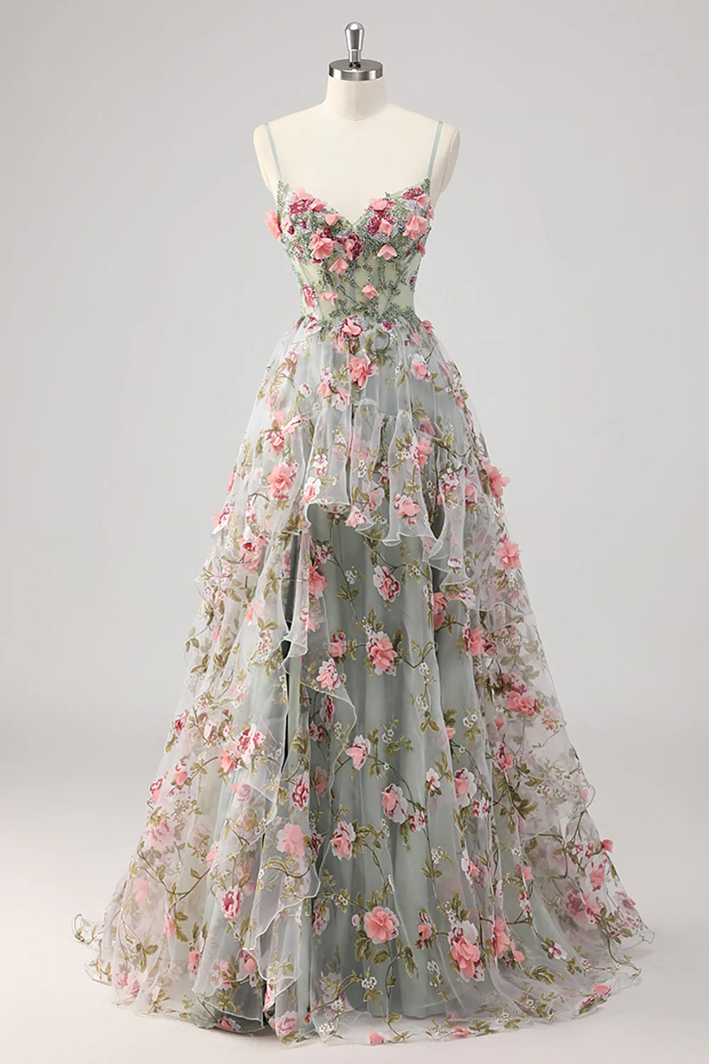 Robe de soirée longue gris-vert ligne A bustier perlée avec fleurs 3D
