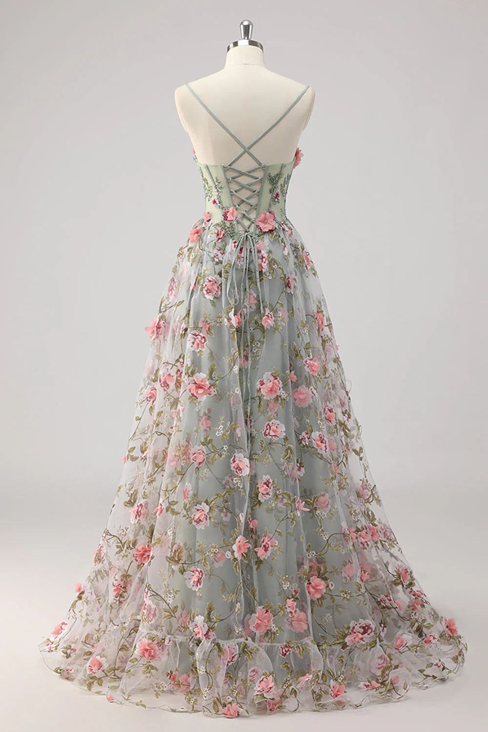 Robe de soirée longue gris-vert ligne A bustier perlée avec fleurs 3D - Image 2