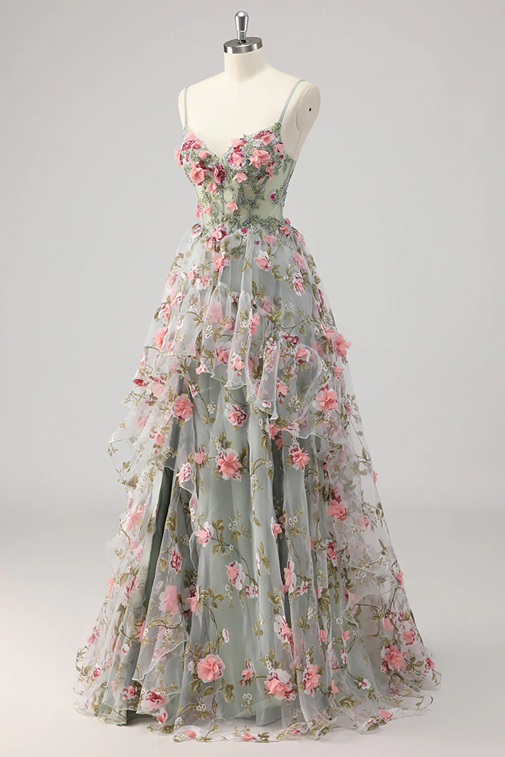 Robe de soirée longue gris-vert ligne A bustier perlée avec fleurs 3D - Image 3