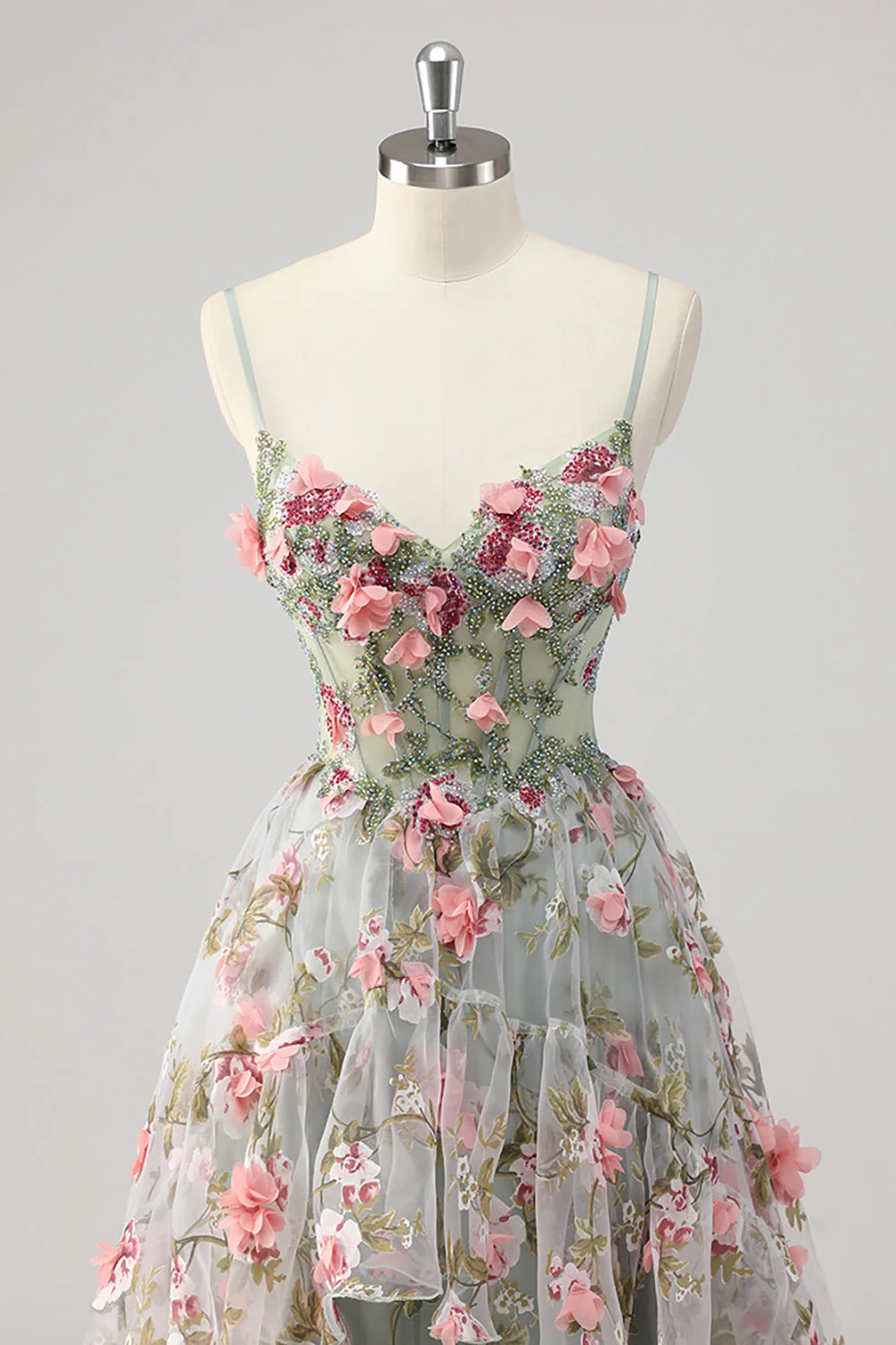 Robe de soirée longue gris-vert ligne A bustier perlée avec fleurs 3D - Image 4