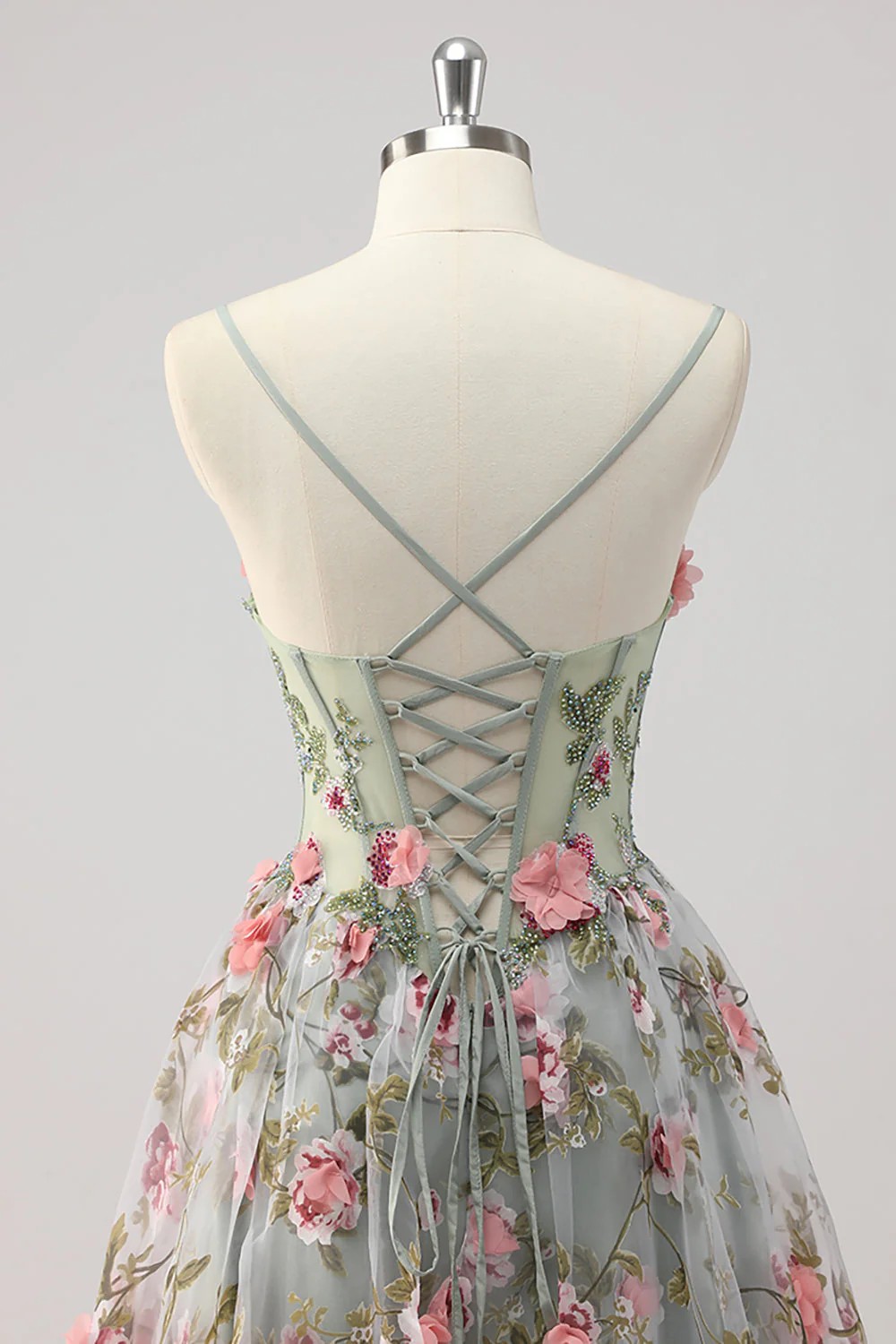 Robe de soirée longue gris-vert ligne A bustier perlée avec fleurs 3D - Image 5