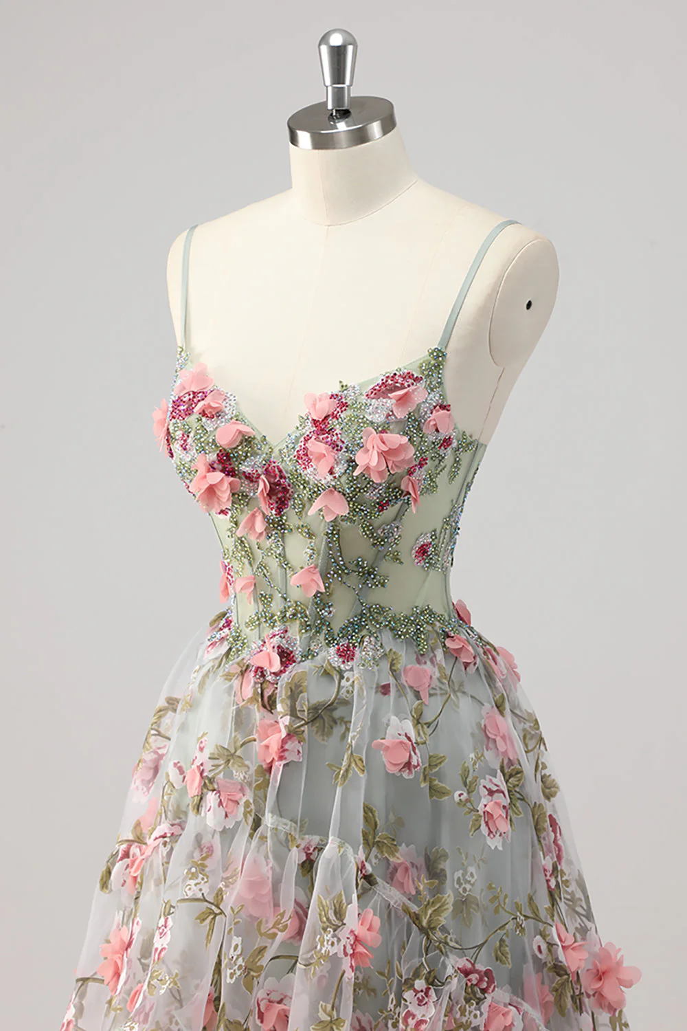 Robe de soirée longue gris-vert ligne A bustier perlée avec fleurs 3D - Image 6