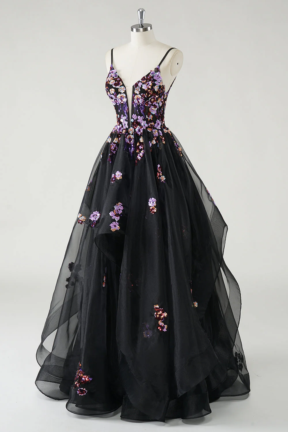 Une ligne profonde à col en V Robe De Soirée noire longue avec appliques à paillettes - Image 3