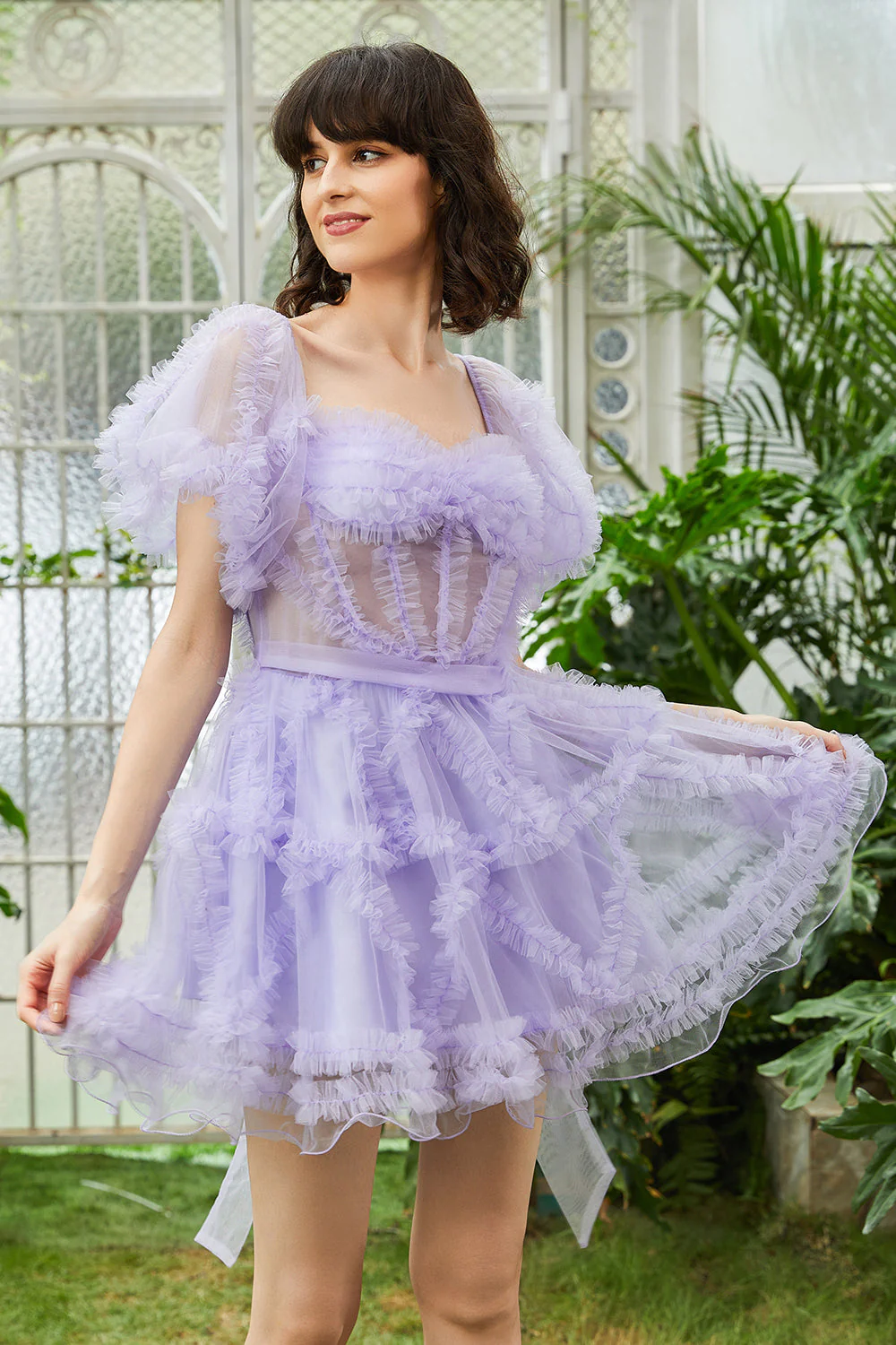 Une ligne Purple Tulle Off The Shoulder Robe courte Cocktail - Image 4