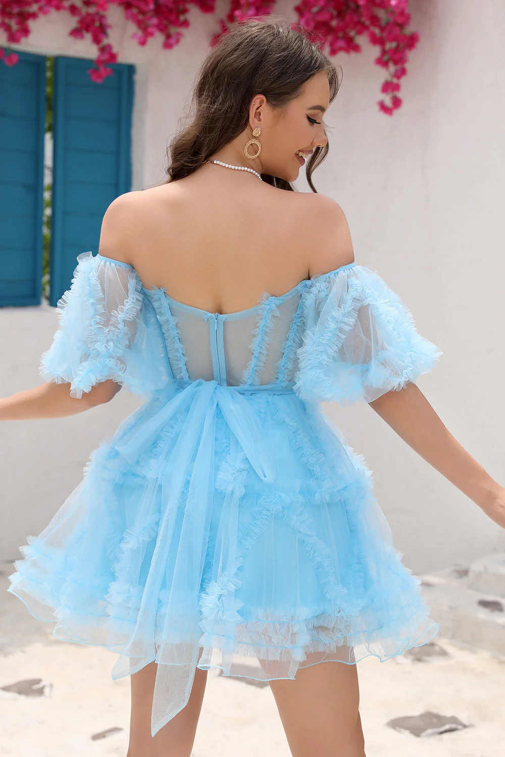 Une ligne Purple Tulle Off The Shoulder Robe courte Cocktail - Image 9