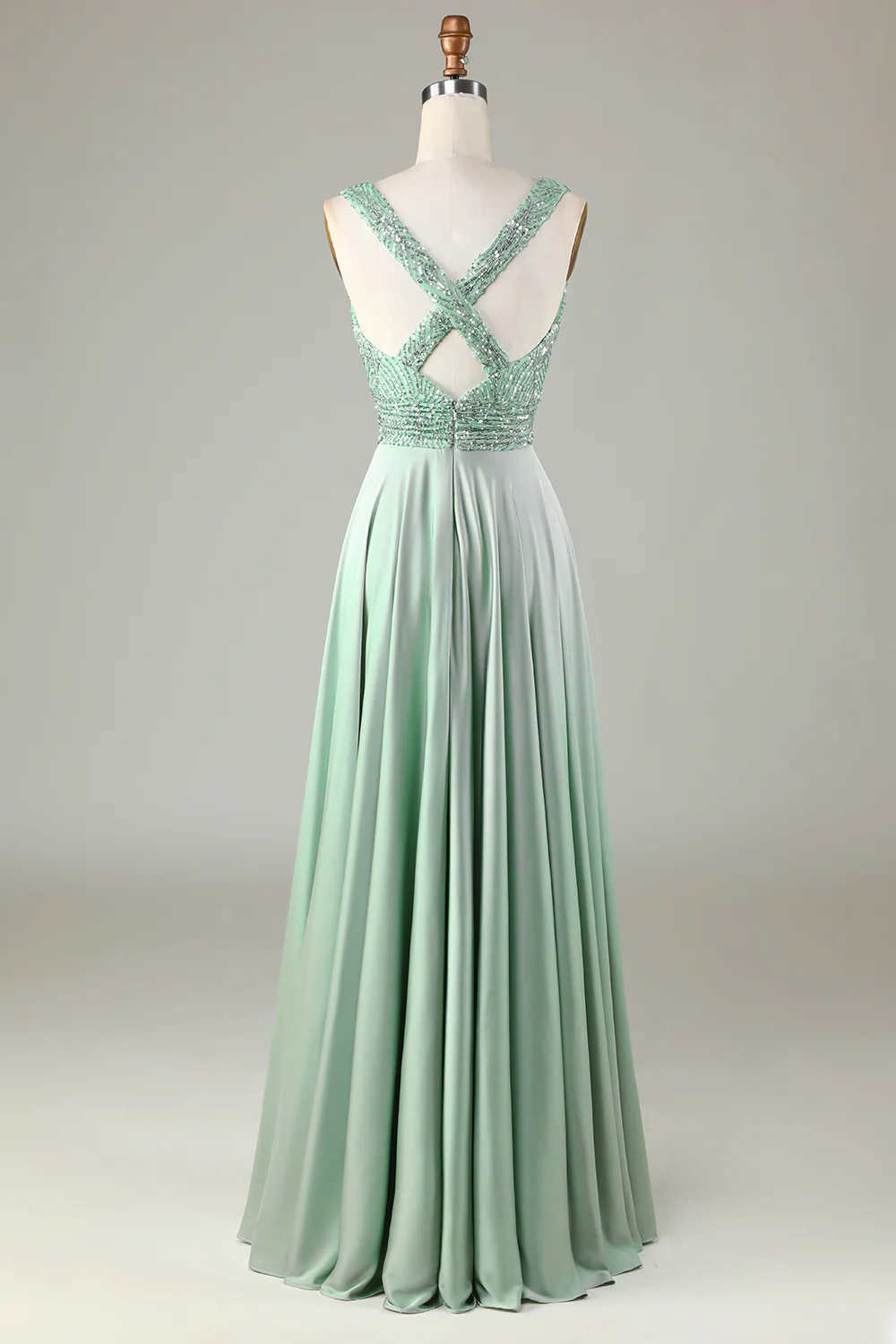 Robe de demoiselle d’honneur Matcha à col en V scintillante avec paillettes - Image 2